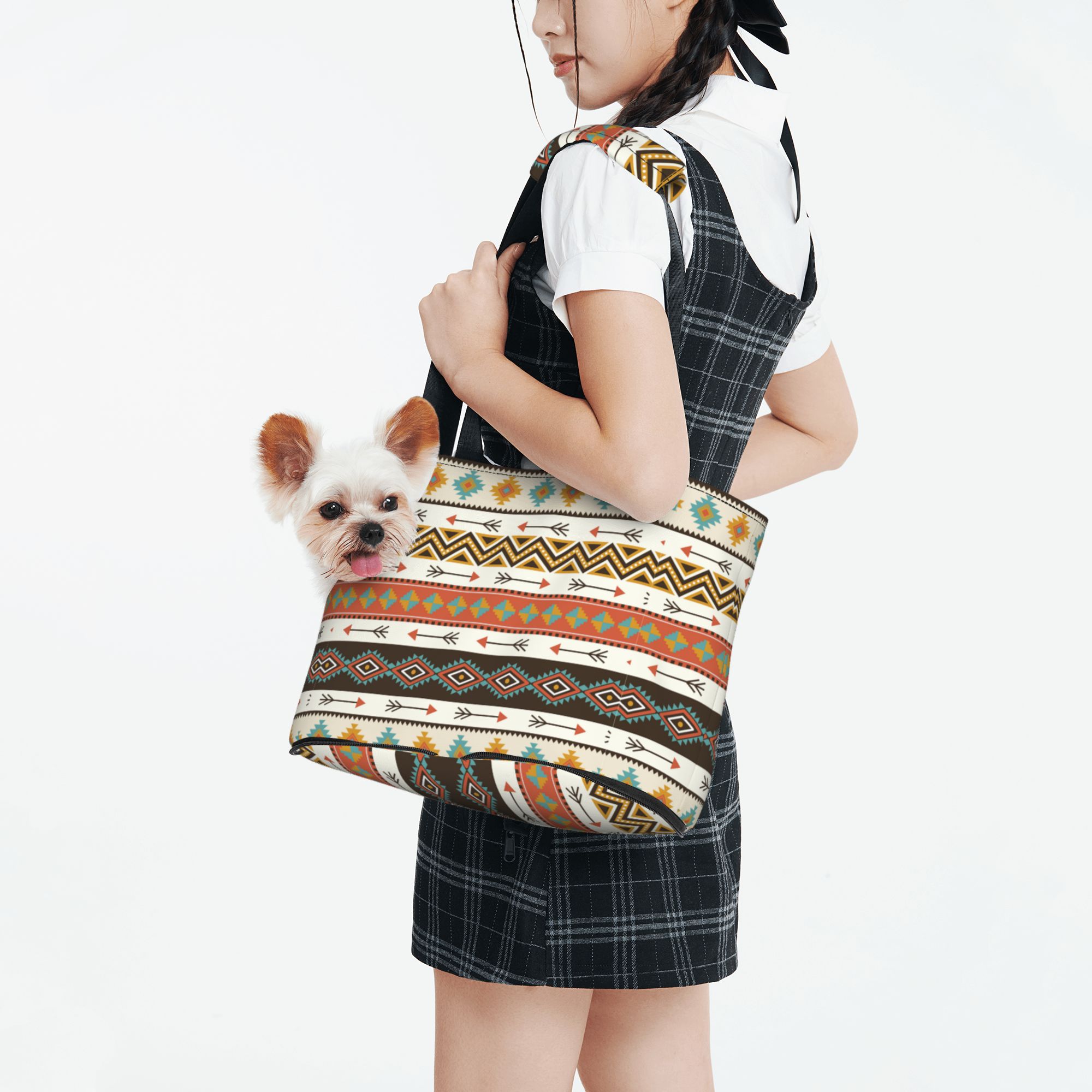 TEQUAN Foldable Dog Purse Carrier, Collapsible Retro Boho Aztec Tribe Style Prints Pet Travel Tote Bag for Small Cat Puppy, Waterproof Dog Soft-Sided Carriers