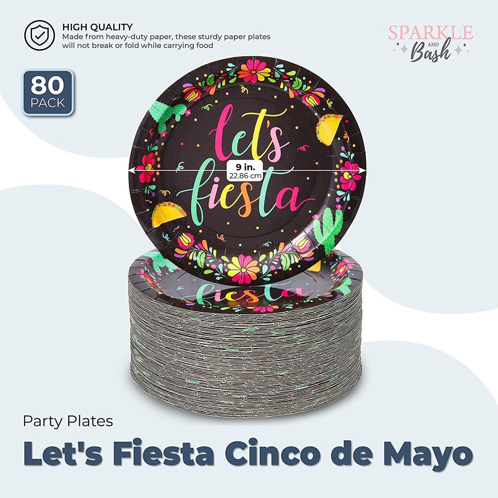 80 Pack of Let's Fiesta Paper Plates for Cinco de Mayo Party Supplies, Black, 9