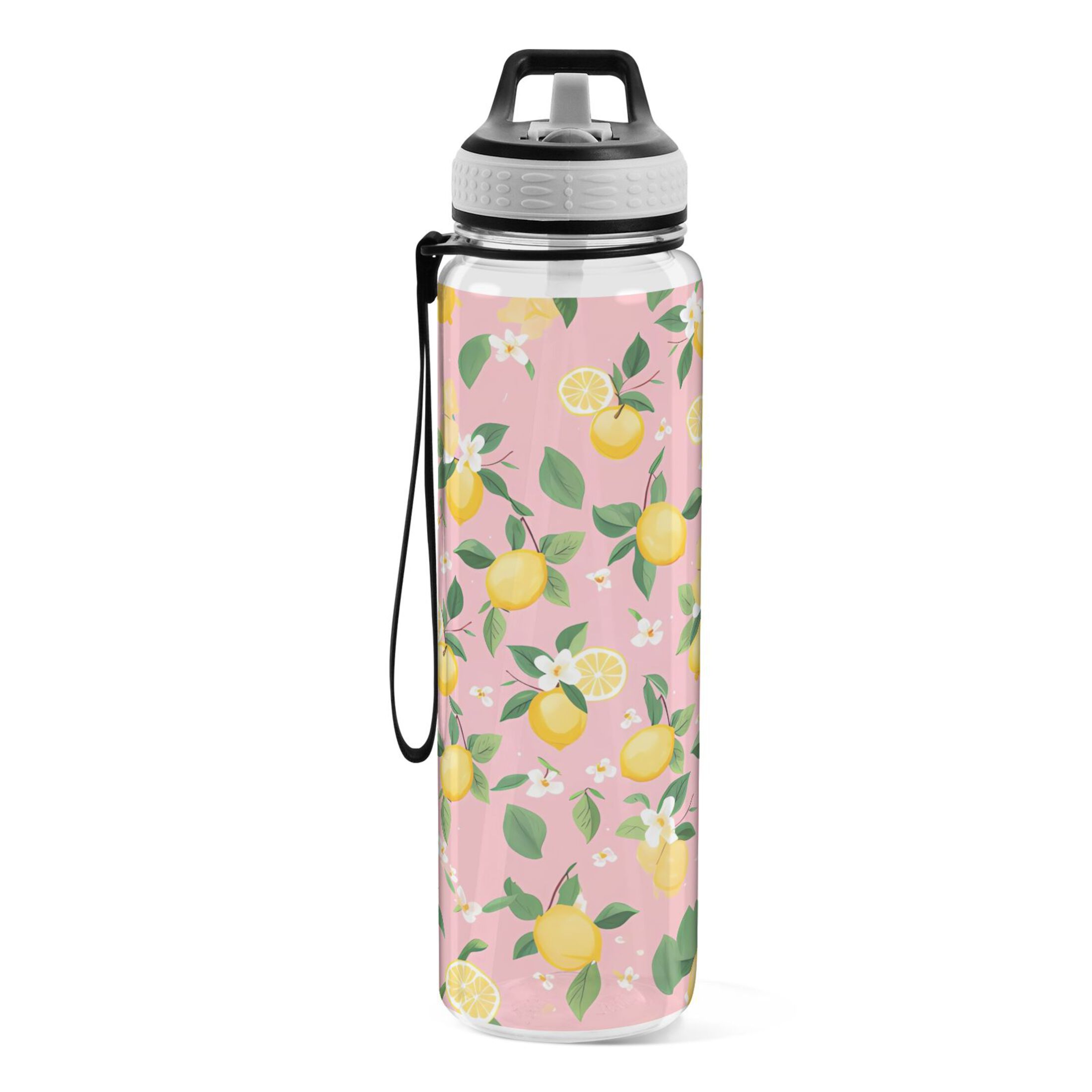 Lemon Leaves Flowers 32oz Water Bottles with Straw Tritan Leakproof Sports Bottle BPA Free Clear for Fitness Gym Swimming Cycling