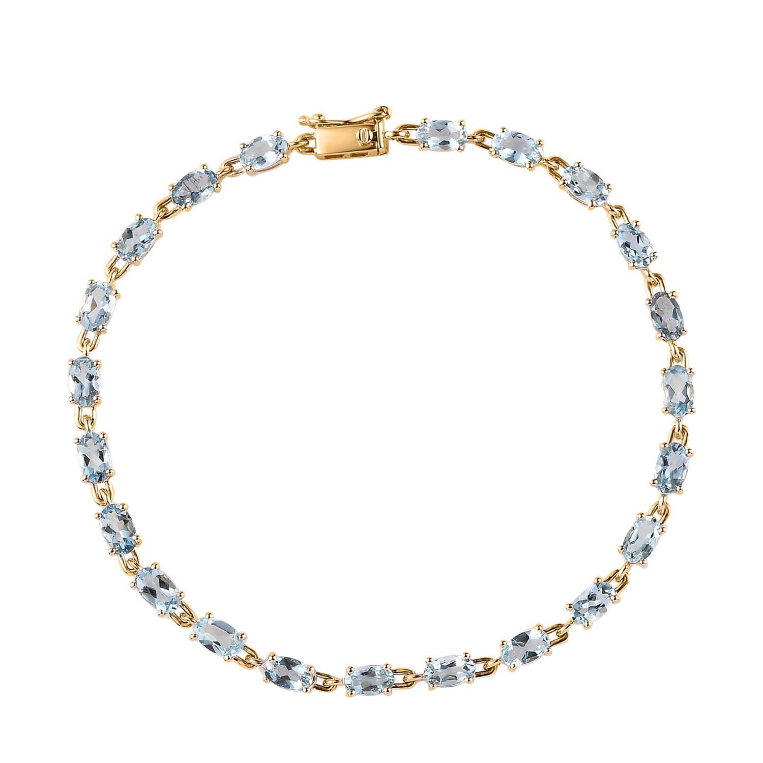 Luxoro AAA Blue Aquamarine Oval 14K Yellow Gold Link Bracelet for Women Jewelry Size 7.25