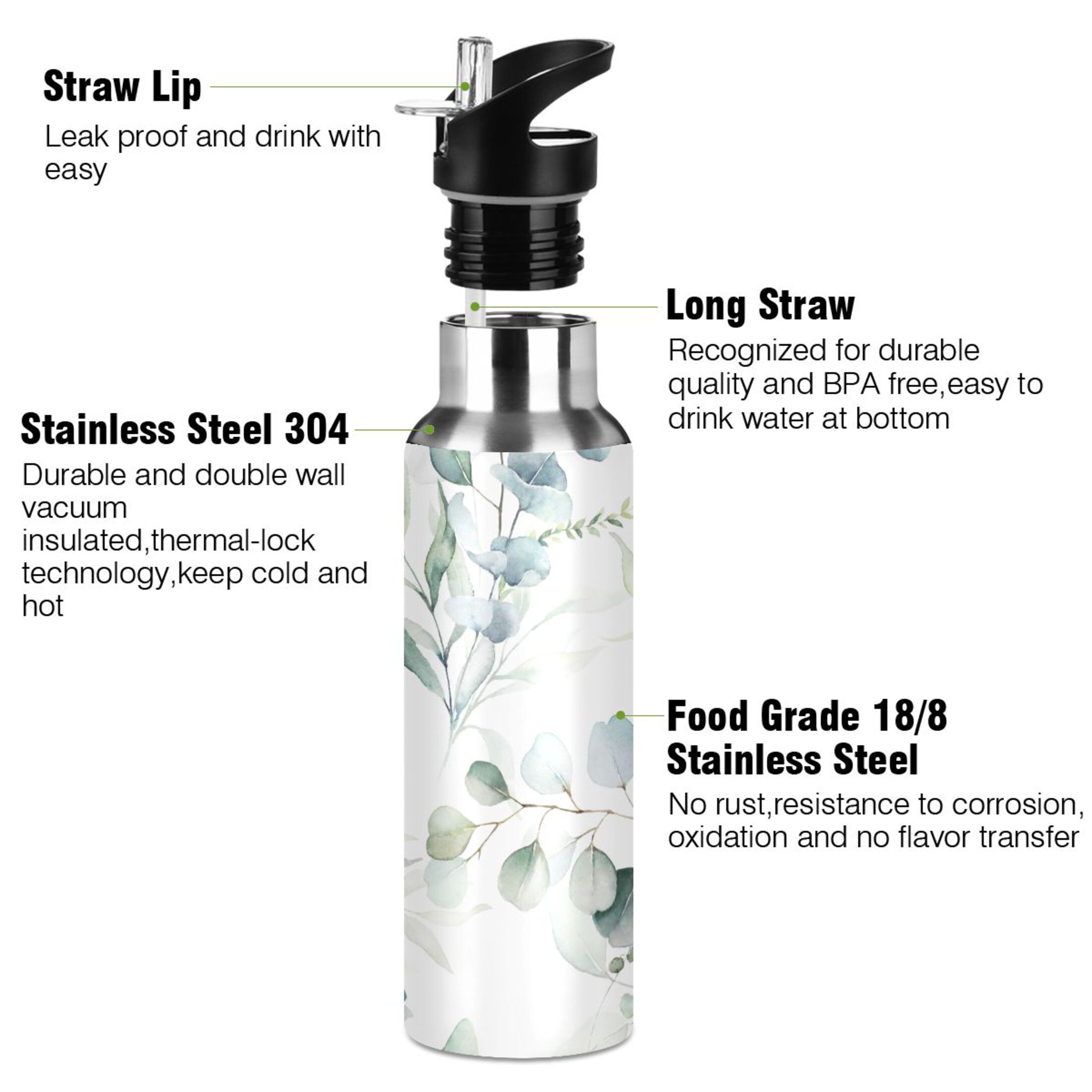 Stainless Steel Water Bottle Watercolor Green Eucalyptus Leaves with Straw Lid Vacuum Insulated Leak Proof Flask Jug for Gym Travel Sports Cycling Outdoor 20 OZ