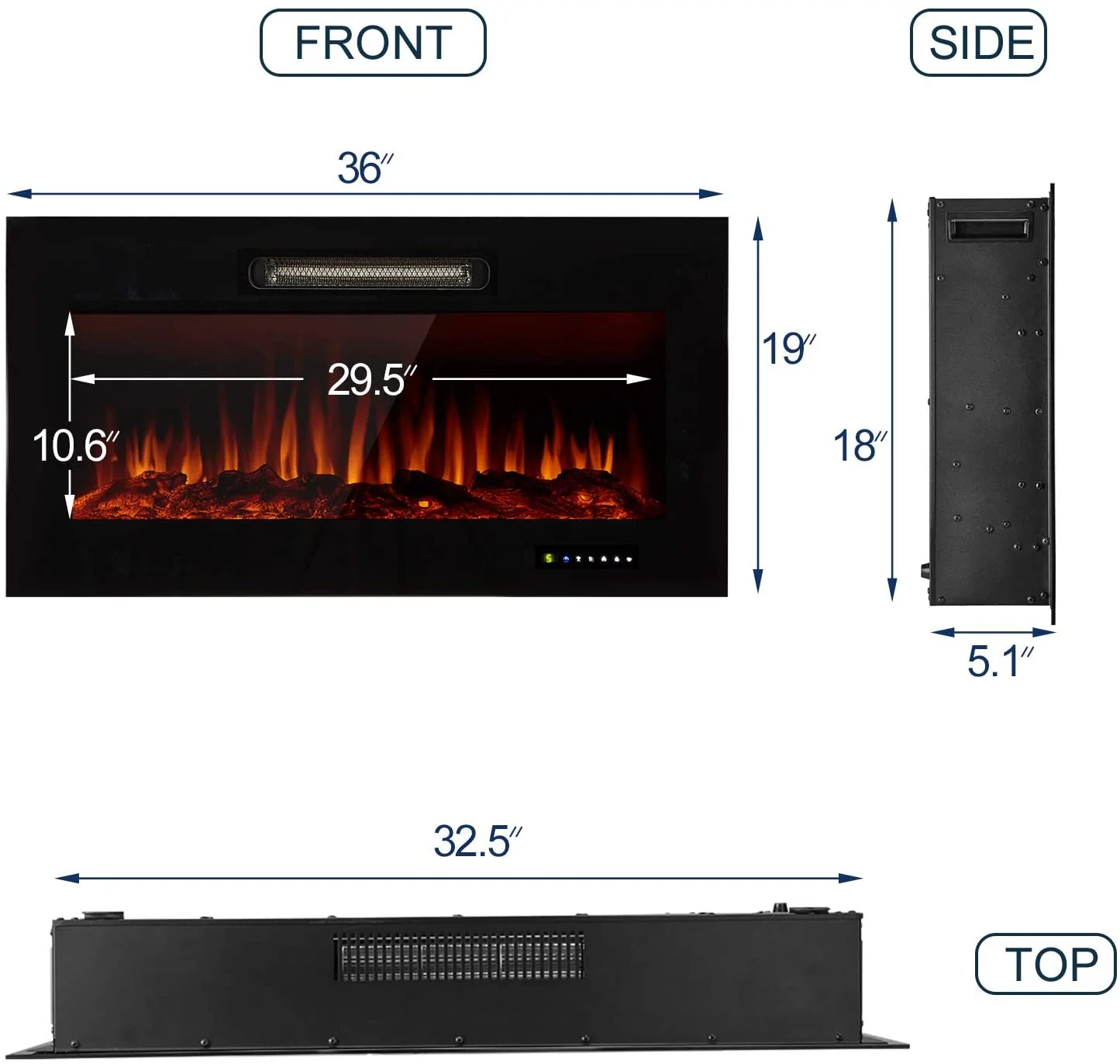 Danrelax 36'' Recessed Mounted Electric Fireplace Insert, 750/1500W