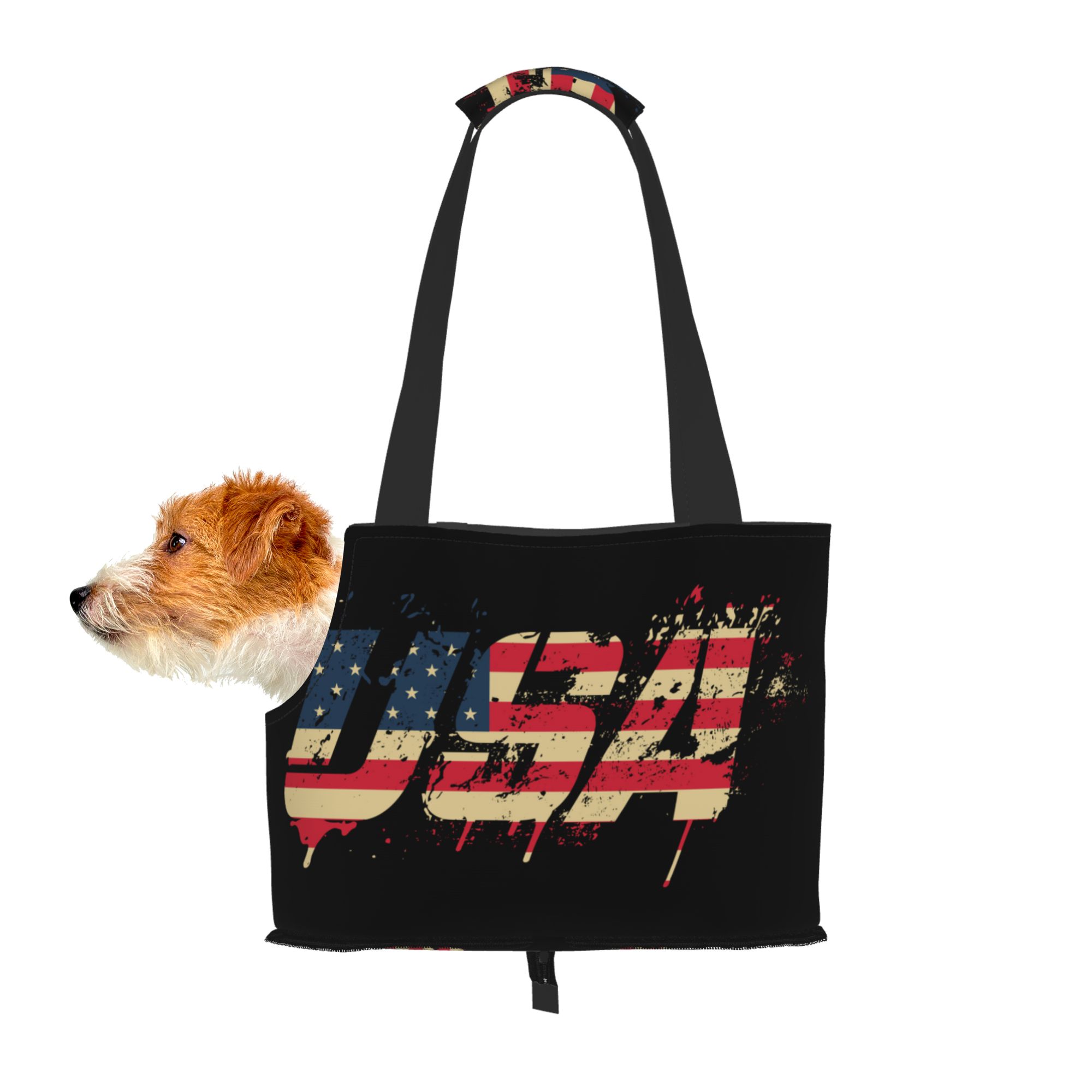 TEQUAN Foldable Dog Purse Carrier, Collapsible Usa Text American Flag Prints Pet Travel Tote Bag for Small Cat Puppy, Waterproof Dog Soft-Sided Carriers