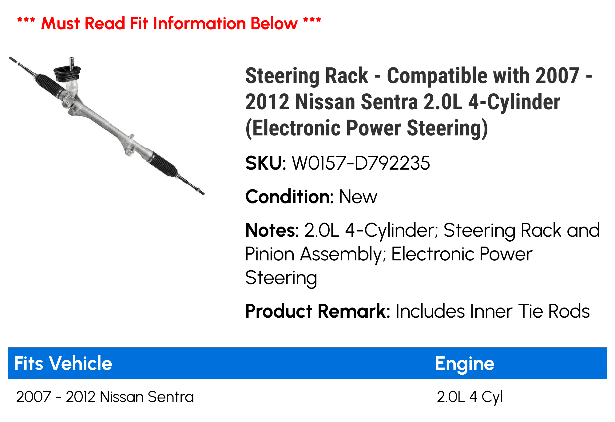 Steering Rack - Compatible with 2007 - 2012 Nissan Sentra 2.0L 4-Cylinder (Electronic Power Steering) 2008 2009 2010 2011