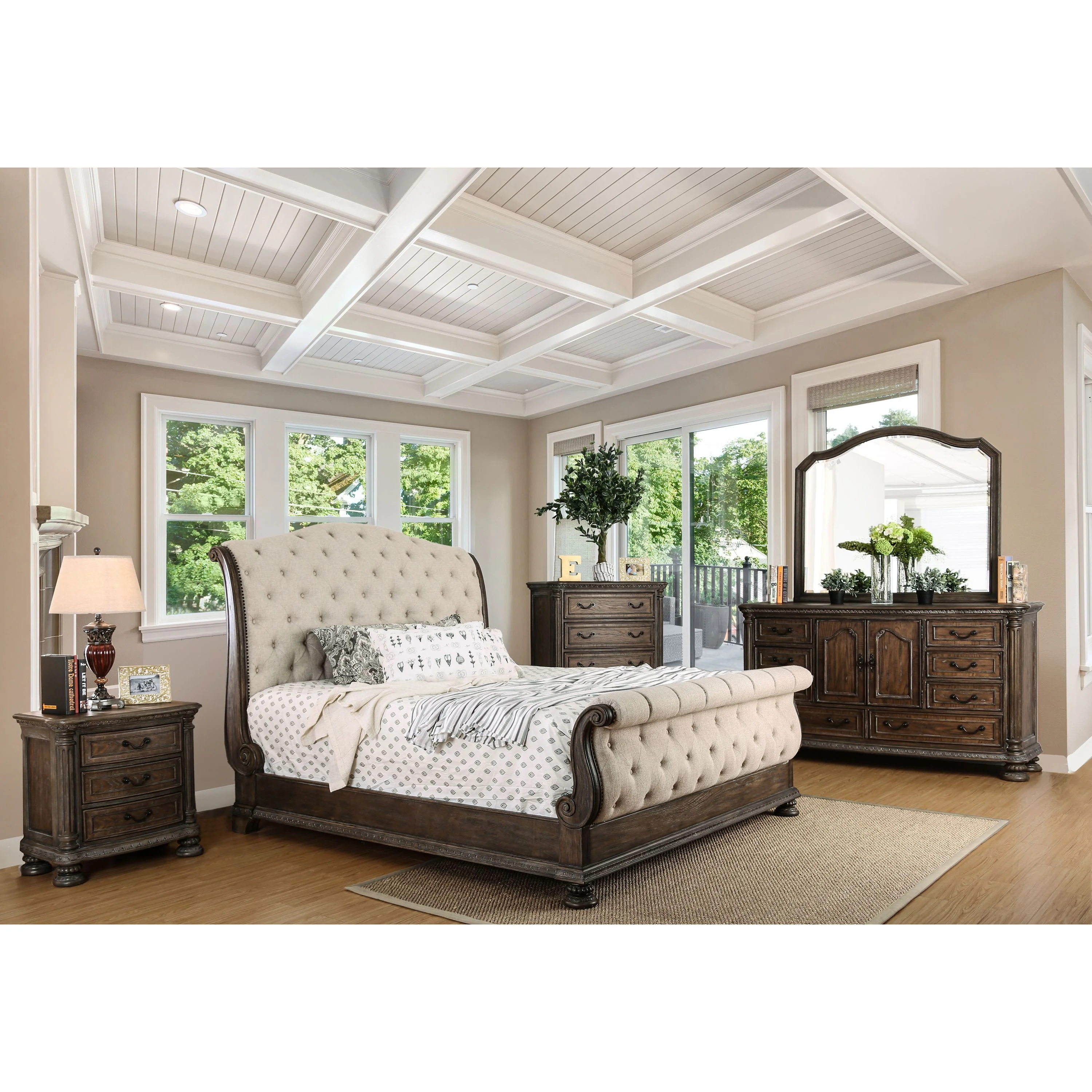 Furniture of America Arlette Bed, Eastern King, Beige, Natural Tone