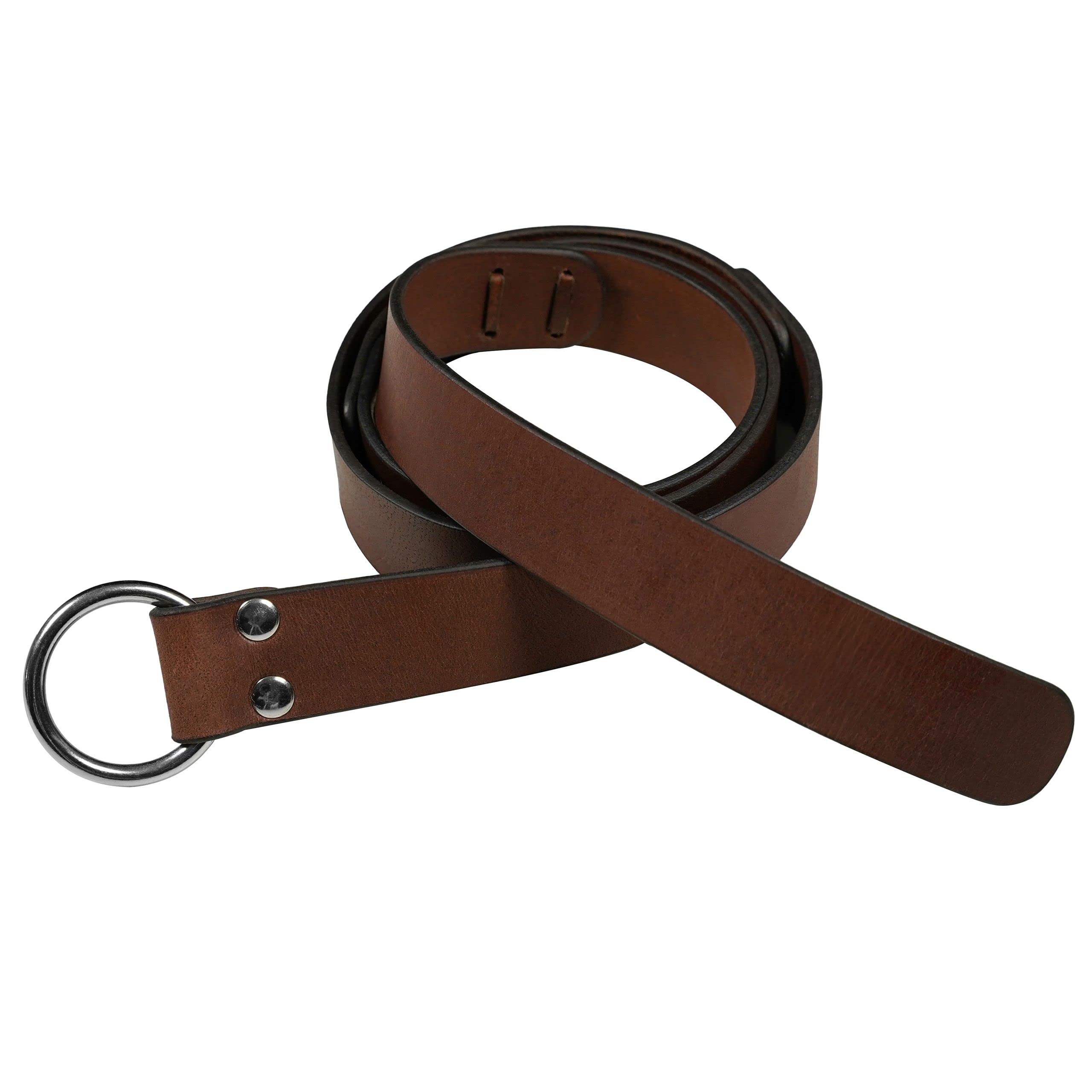 Mythrojan Leather Ring Belt Veg Tan Leather with Steel Ring Viking LARP Leather Belt