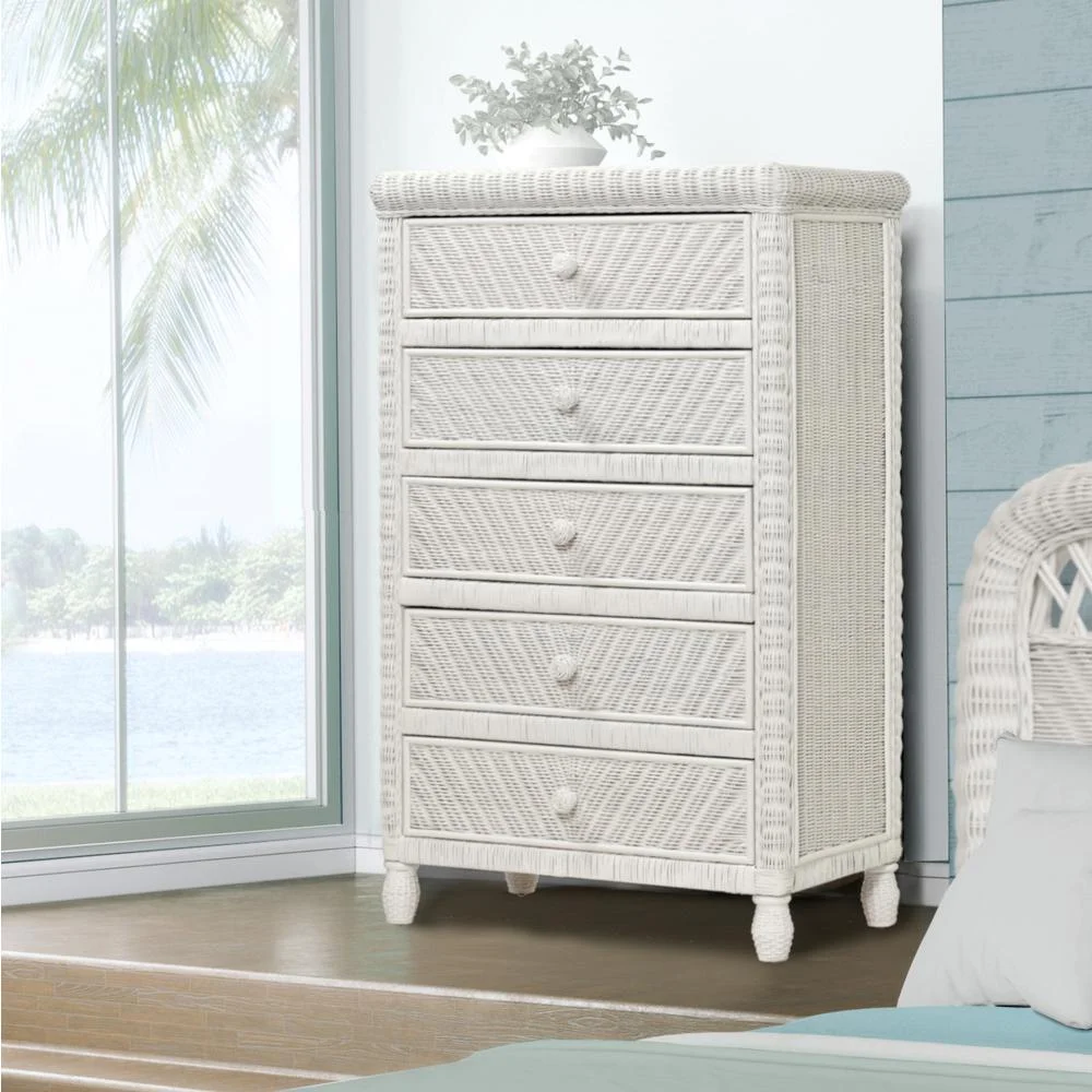 Sea Wind Florida Santa Cruz Glass Top Wood Chest with 5 Drawers in White