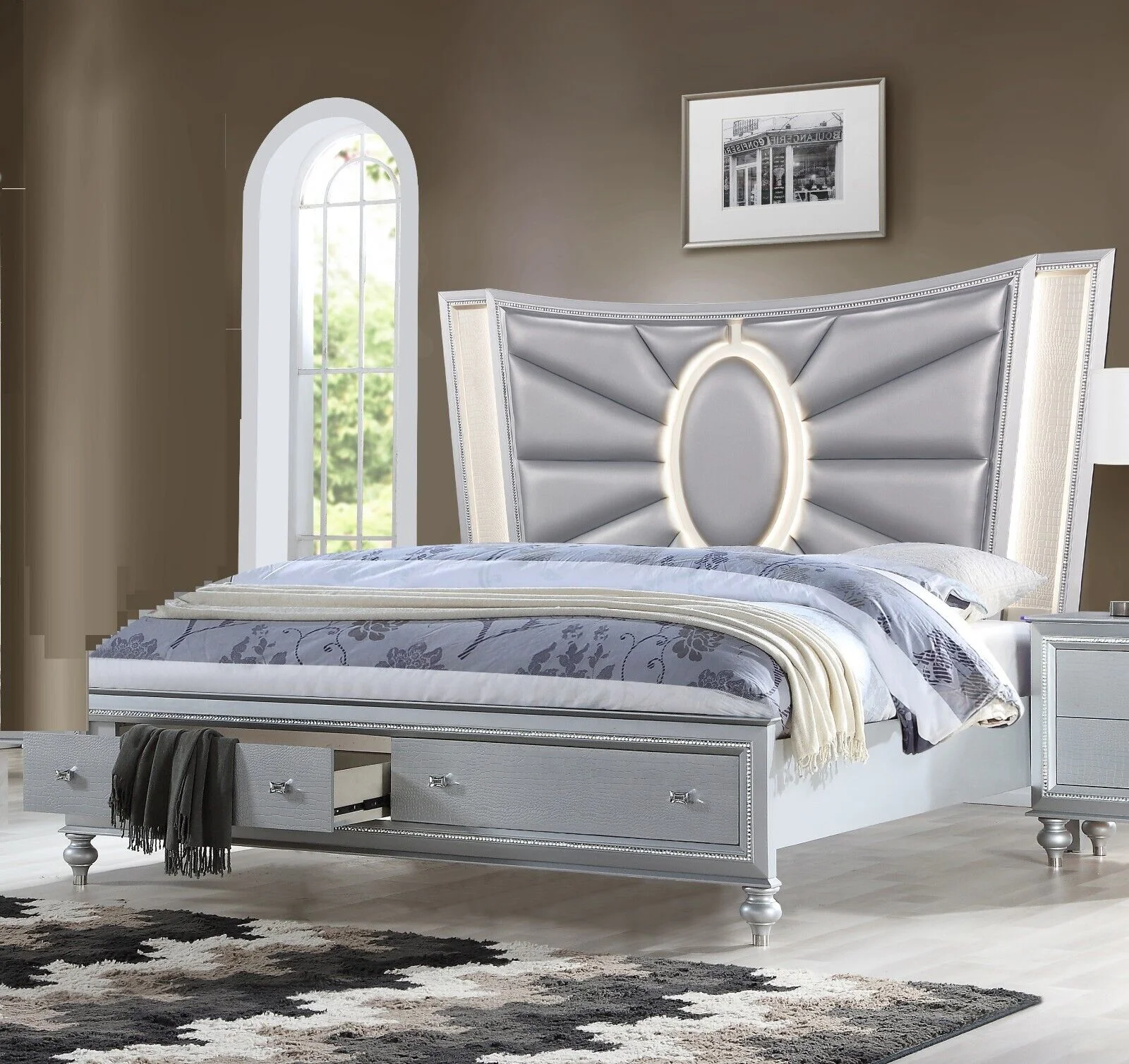 1pc Luxury Silver King Size Storage Drawers LED Headboard Bed Bedroom Furniture