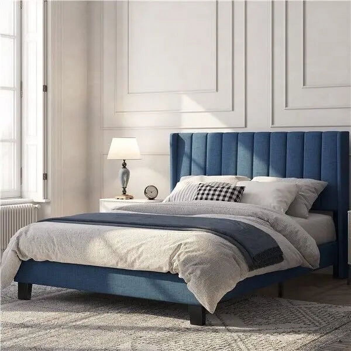 Classic Upholstered Bed Frame Mattress Foundation with Wing Edge Headboard Queen