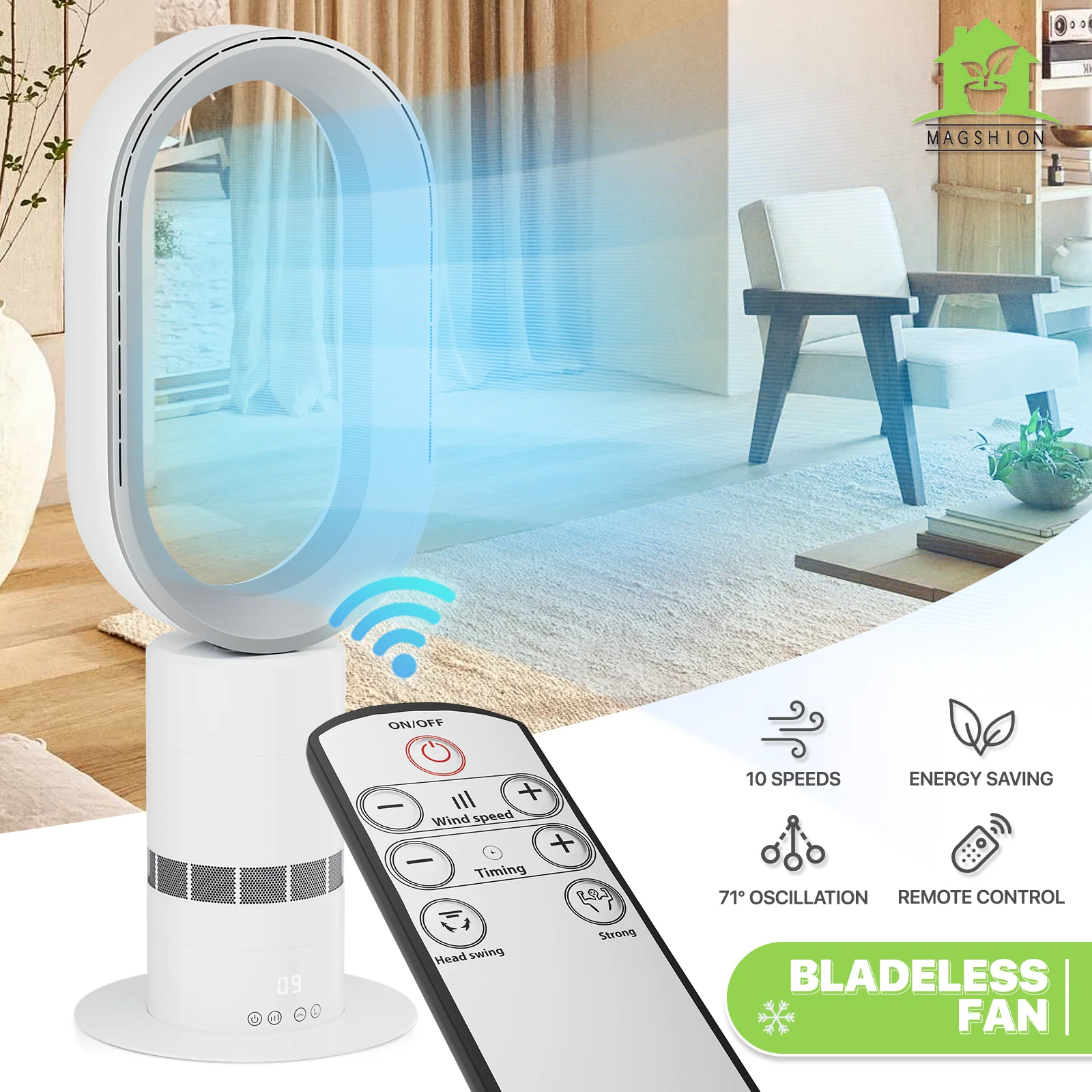 Magshion Bladeless Tower Fan with 10 Speeds Adjustable, Portable Leafless Cooling Fan with Remote Control, Air Circulator Fan for Home Office Bedroom, White