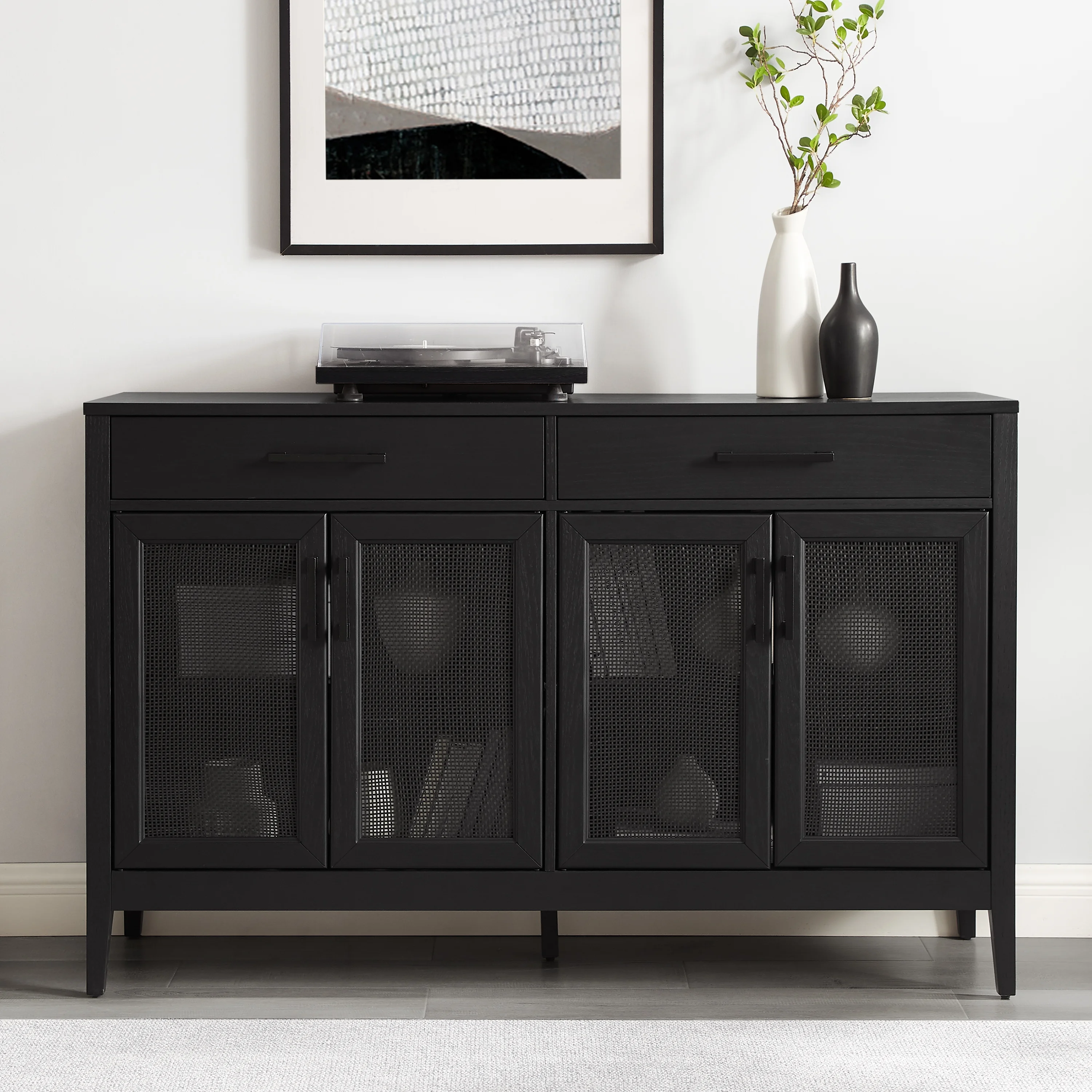 Crosley Furniture Milo Modern MDF Wood and Rattan Sideboard in Black
