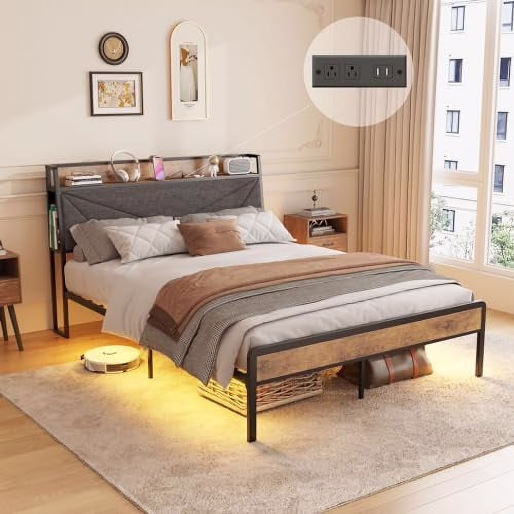 xrboomlife Queen Bed Frame with Charging Station and  Headboard Farmhouse Metal Platform Bed with Led Upholstered Headboard Queen Size Bed No Box Spring Needed  Easy to Install