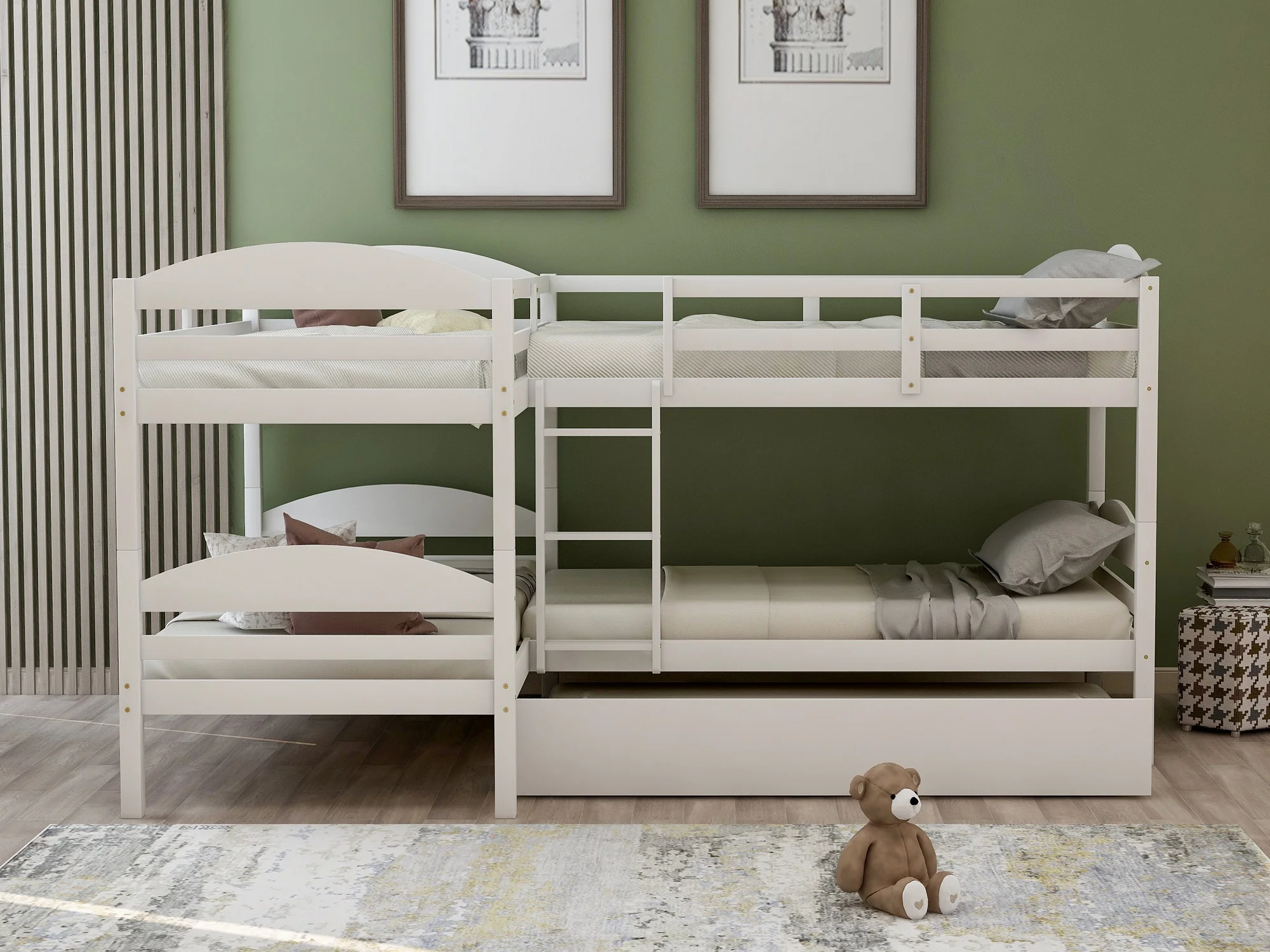 Twin L-Shaped Corner Bunk Bed and Loft Bed with Trundle Solid Wood Twin Bunk Bed Loft Bed with Guardrail, 5 Bed Bunk