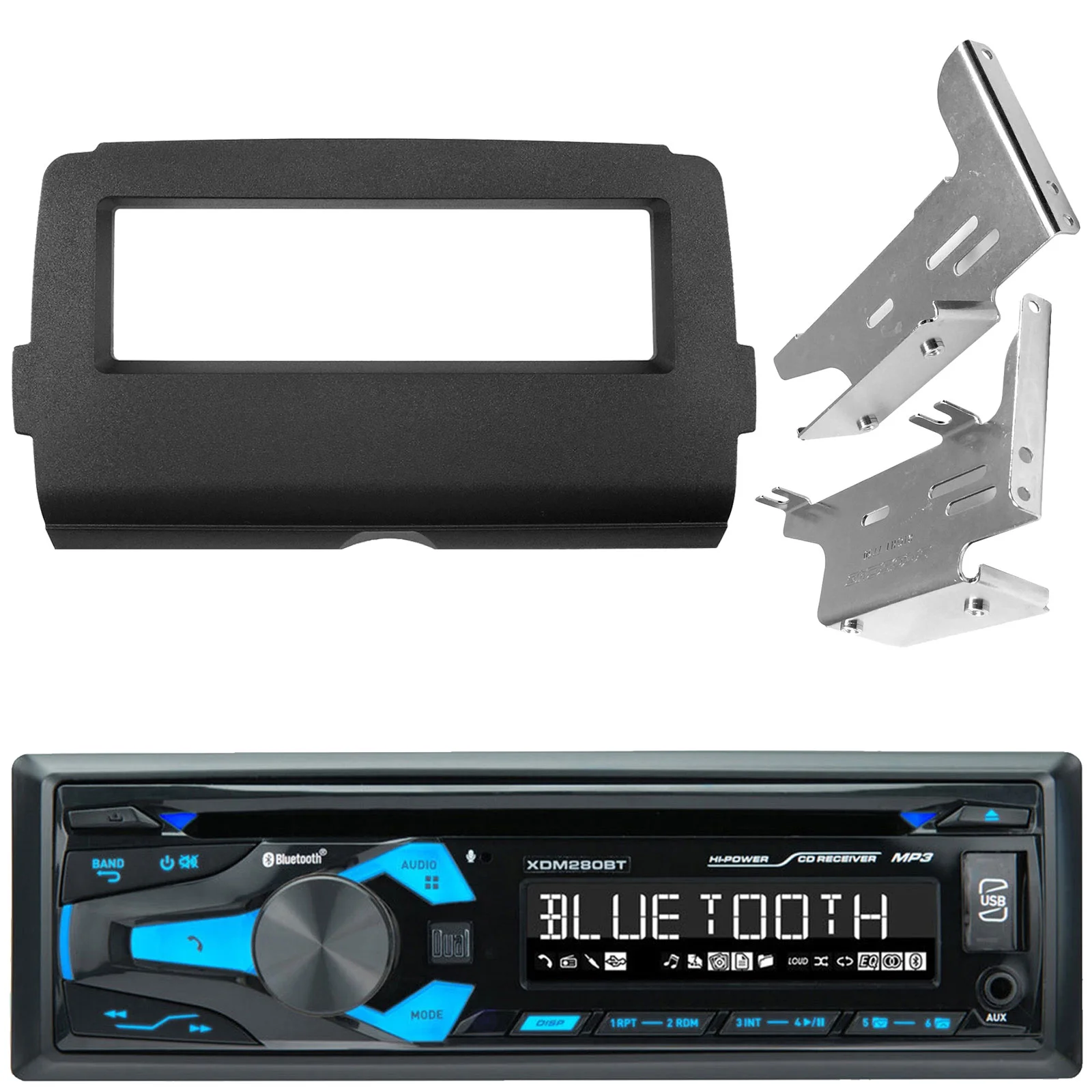 Dual XDM280BT Single DIN Bluetooth AM/FM Radio Stereo USB AUX 200W CD Player Receiver Bundle Combo with Single DIN Stereo Install Kit (Fits Select 2014-UP Harley-Davidson Bat Wing Fairing)