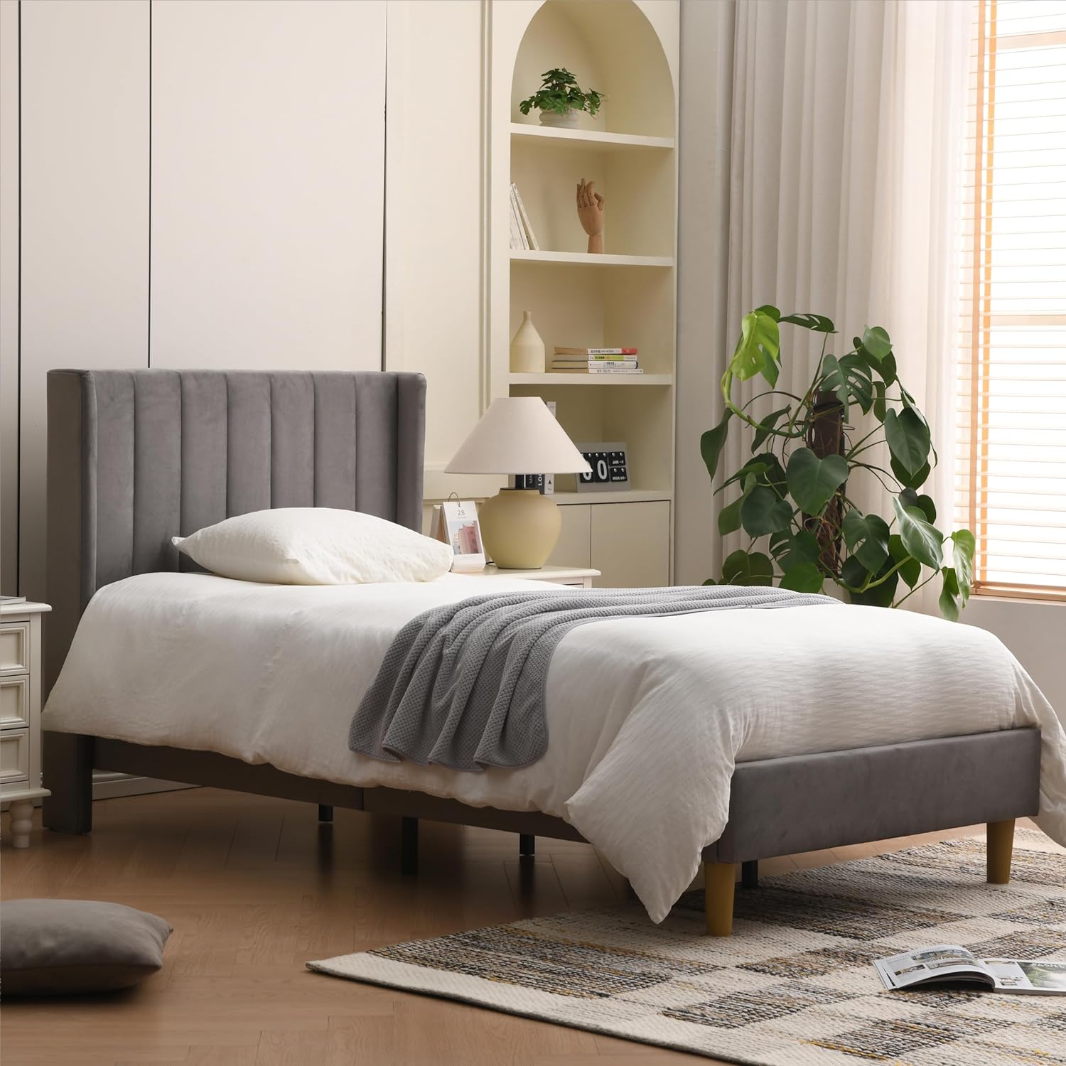 QCAI upholstered Platform Bed Frame/Twin Bed Frame/Modern Geometric Double-Wing Design headboard/Flannel and Linen Fabric/Easy to Assemble no Noise (Grey, Twin)