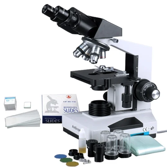 AmScope 1600x Professional Biological Microscope + 50 Slides + 100 Coverslips New