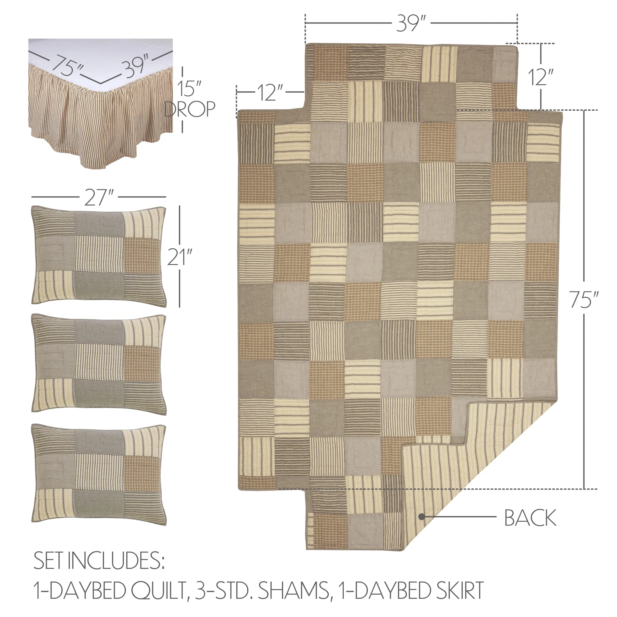 VHC Brands Sawyer Mill Daybed Quilt Set, Charcoal Grey