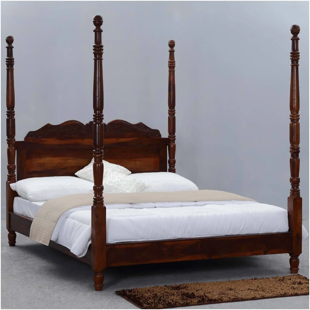 Hibashi Solid Wood Four Poster Platform Bed Frame w Headboard