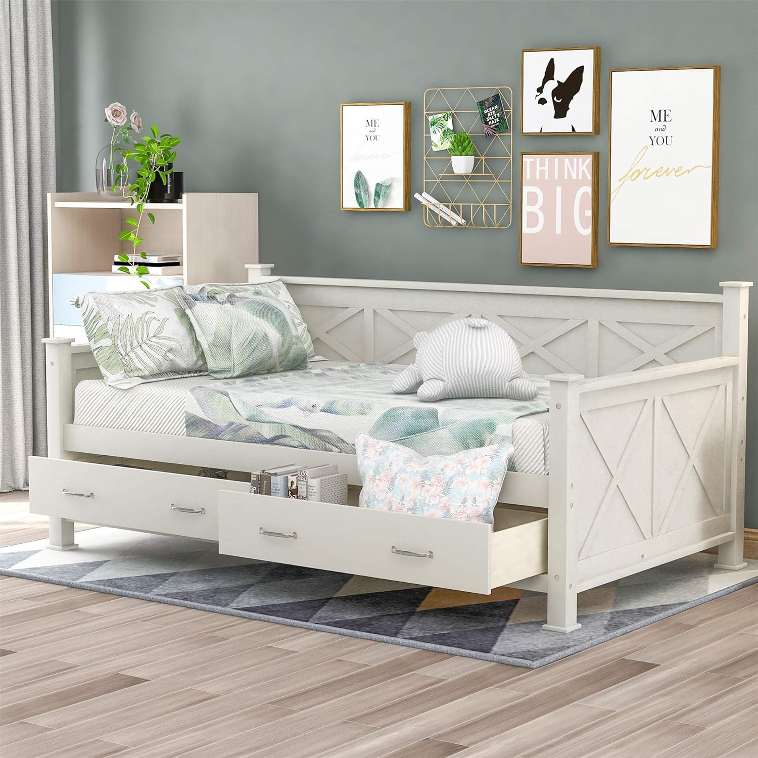 Size Daybed With Storage Drawers, Wooden Daybed With X-Shaped Frame, Modern And Rustic Casual Style Daybed (White)