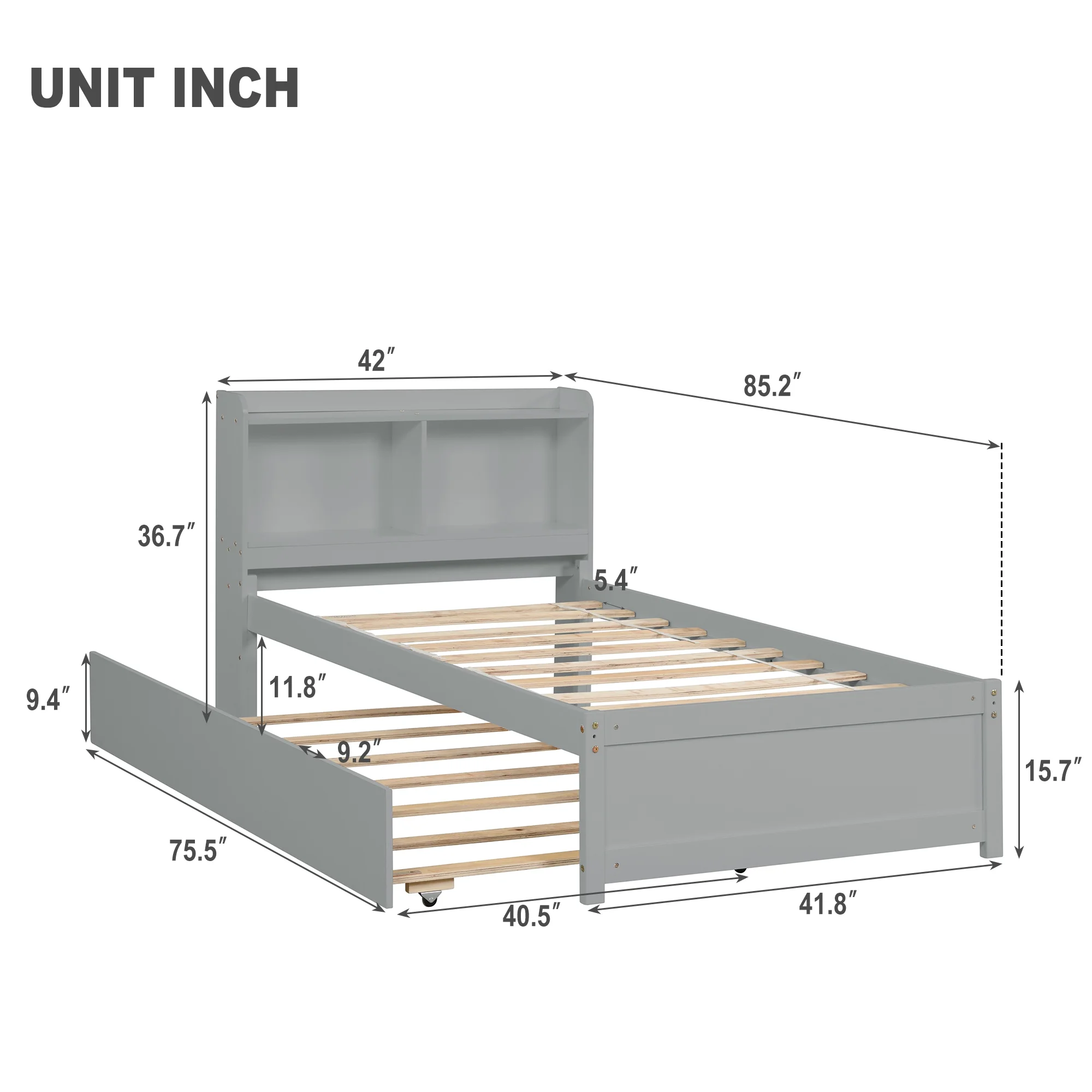Dcenta Twin Bed with Trundle,Bookcase,Grey