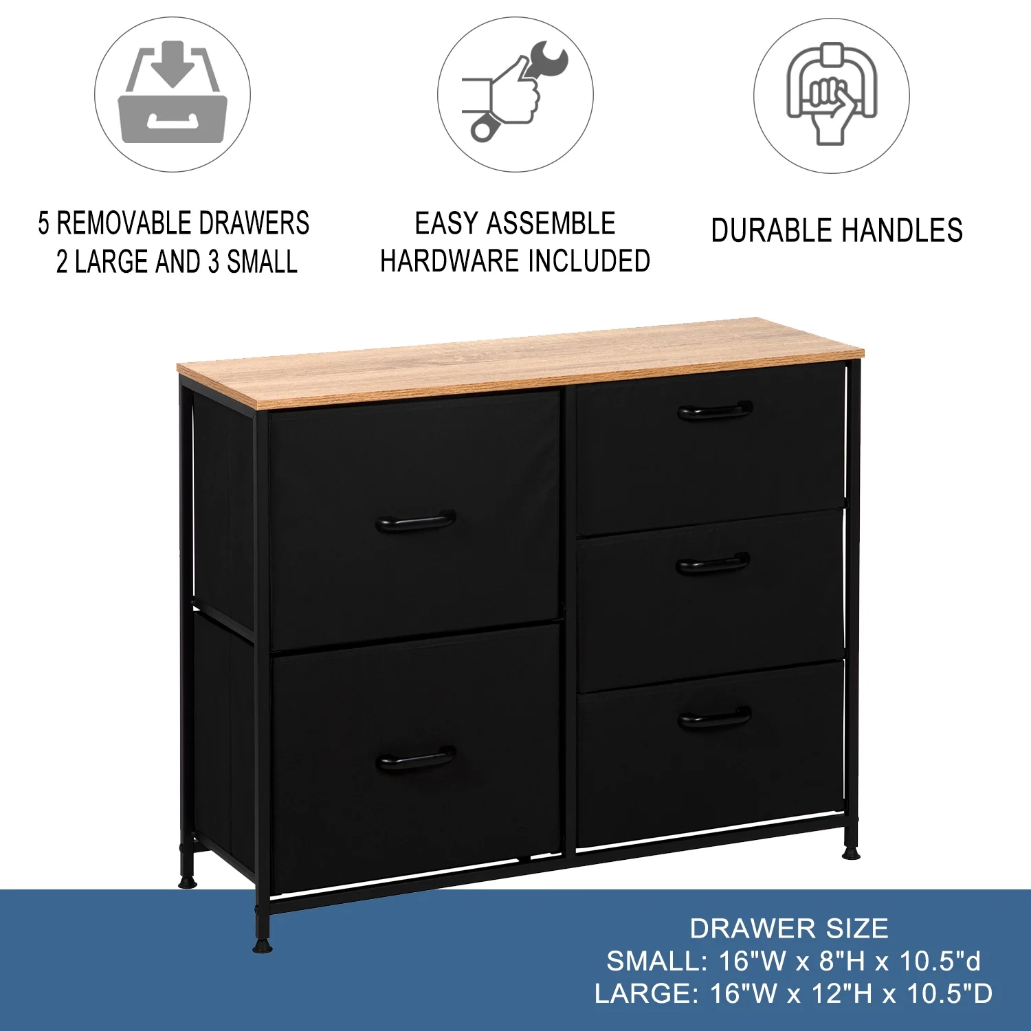 Fabric Dresser – 5 Drawers for Clothes, Toys, etc. – Durable Handles, 2 Big Drawers, 3 Smaller Clothes Drawers – Perfect for College Dorm Room, Home, Office, Nursery - Closet Dresser – Kids Dresser