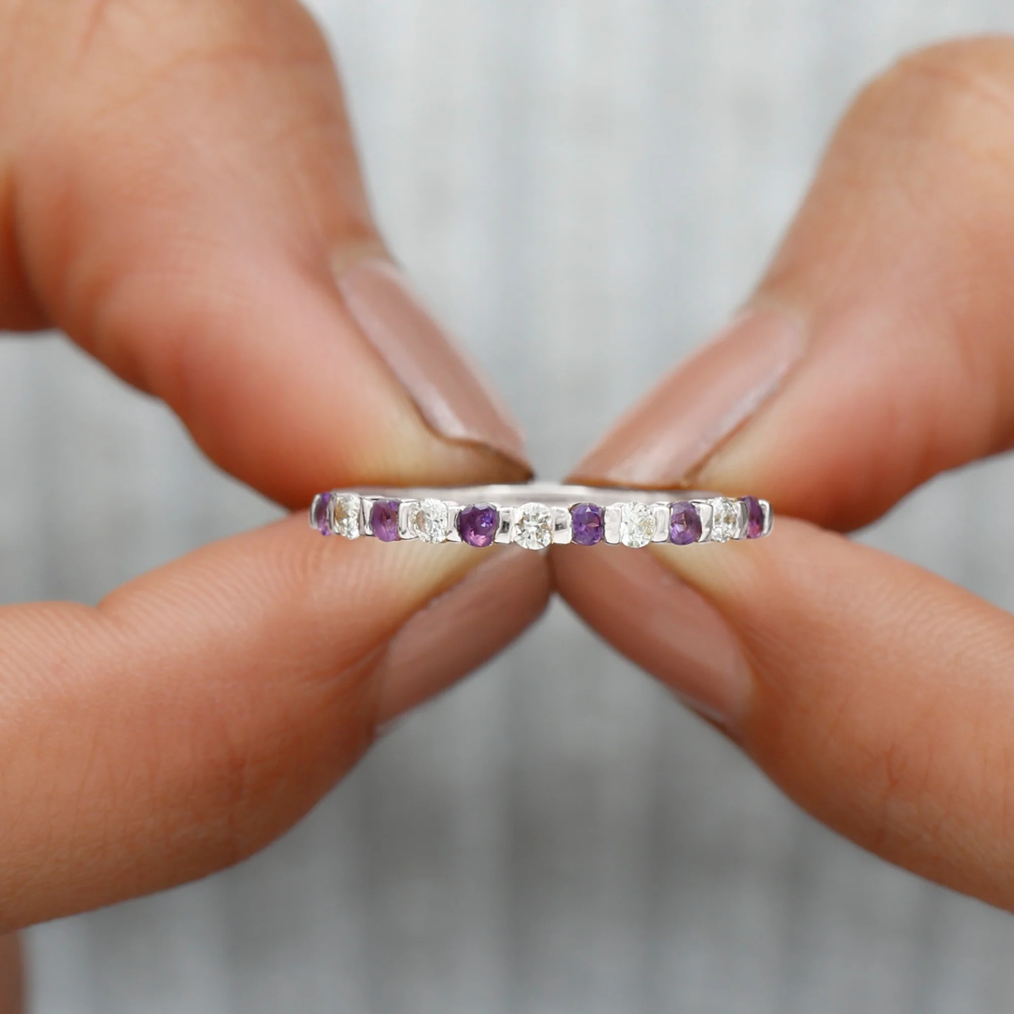 1/4 CT Amethyst and Moissanite Stackable Ring in Bar Set, 925 Sterling Silver, US 4.00