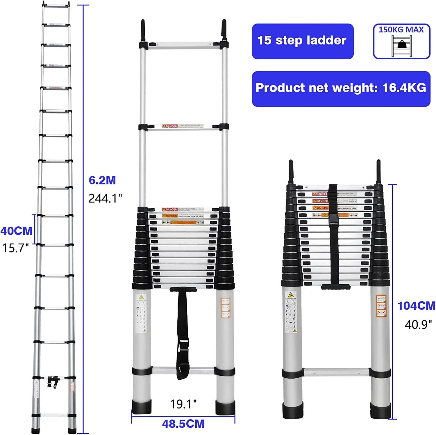 Telescoping Ladder 20FT Aluminum Telescoping Extension Ladder with Roof Hooks, 2.8Inch Detachable Hooks Prefect for Home Or Outdoor Rooftop, Collapsible Ladder Attic Ladder Rv Ladder 330lb Capacity