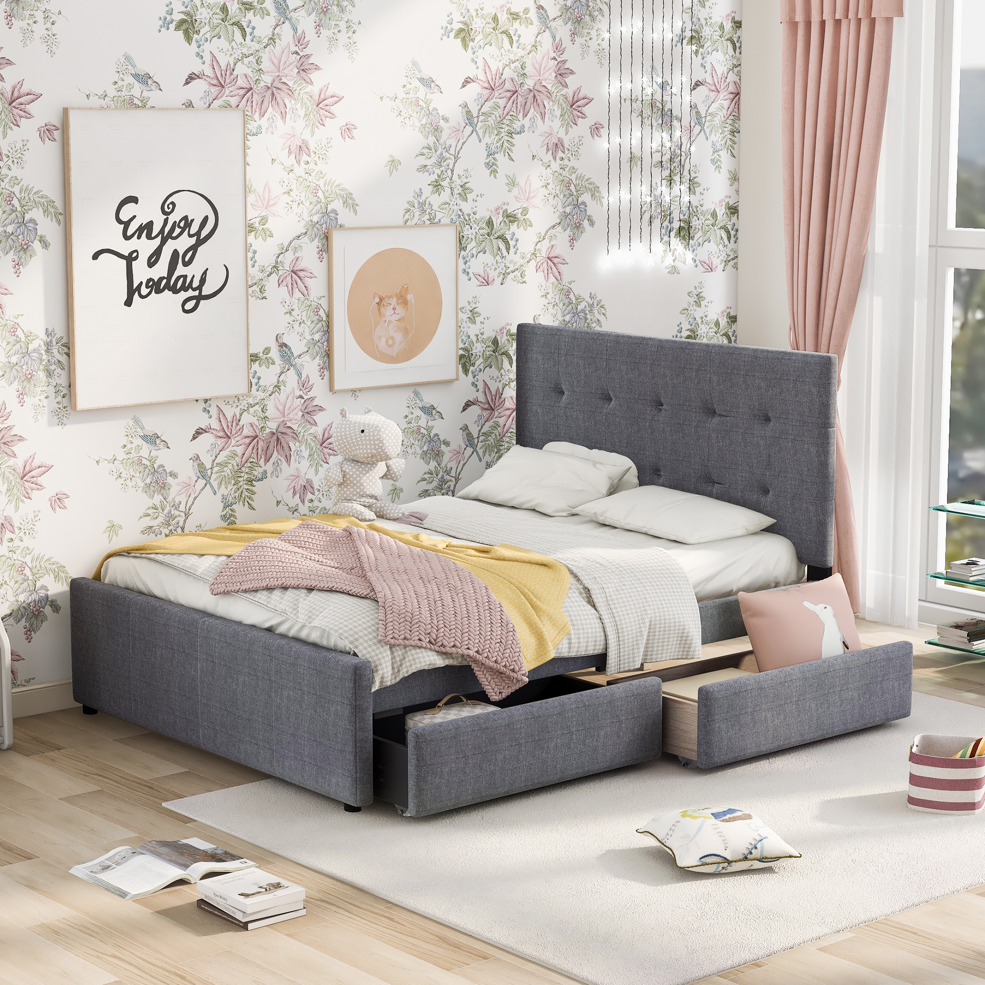 EUROCO Queen Size Linen Upholstered Platform Bed with Two Drawers, Gray