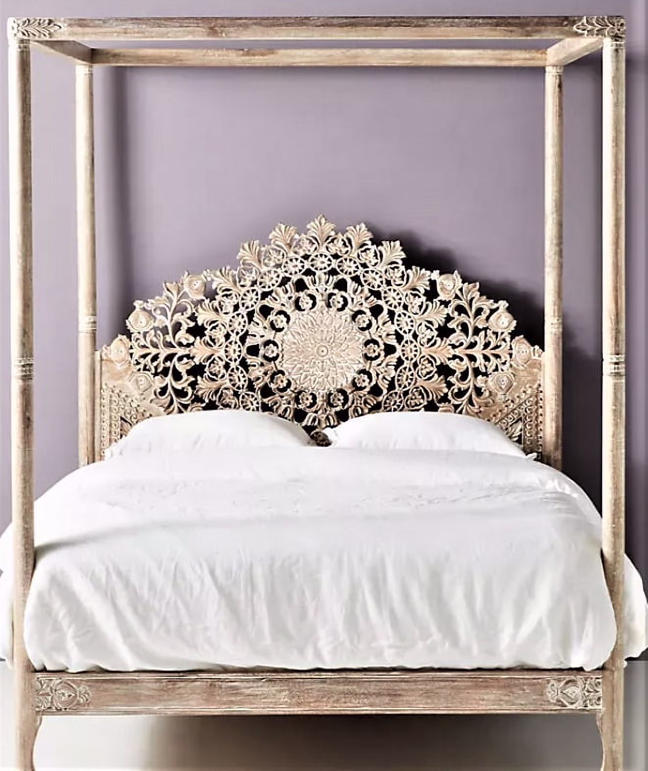 Shahi Mughal Hand Carved Indian Wooden Canopy Platform Queen Size