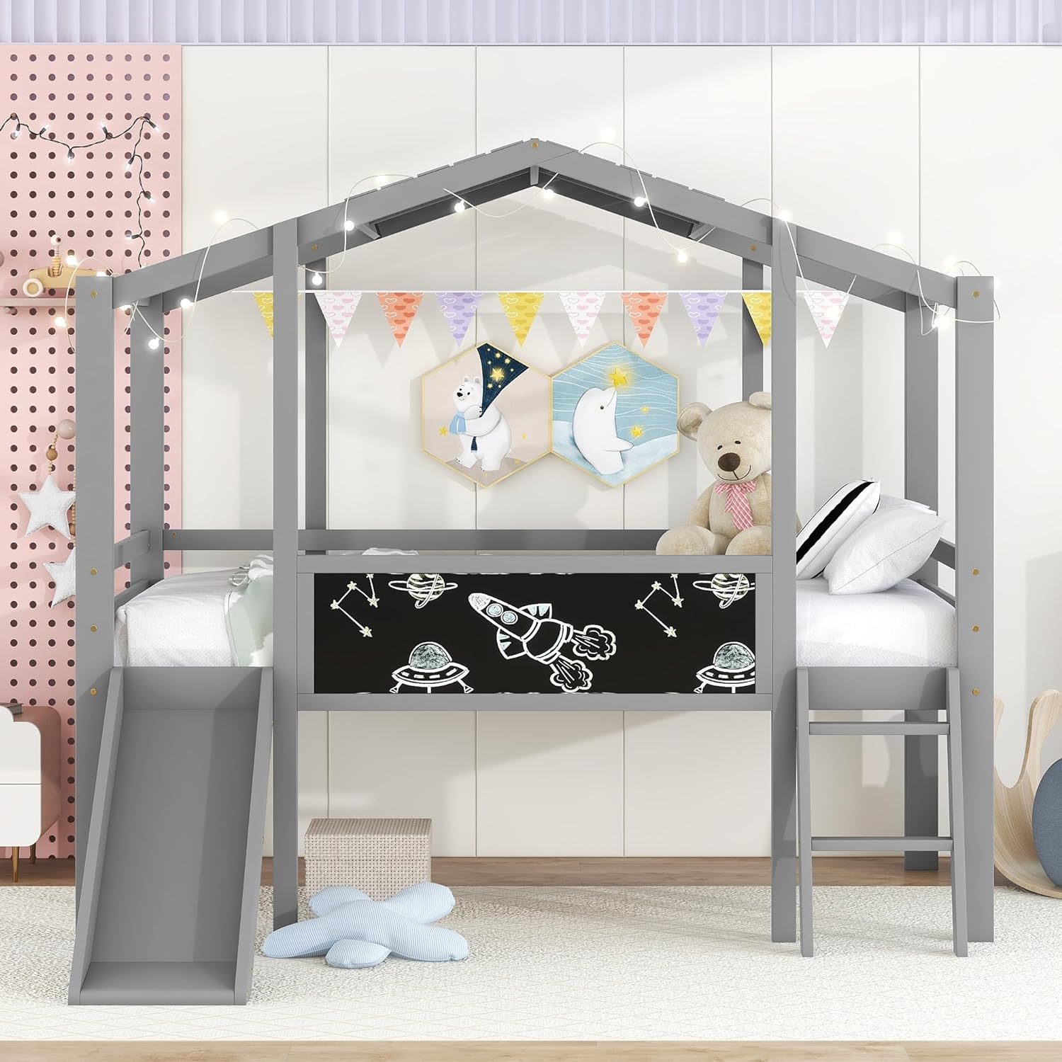 Size Loft Bed With Ladder Ad Slide, Wood House Bed Frame With Blackboard, Light O The Roof, Gray