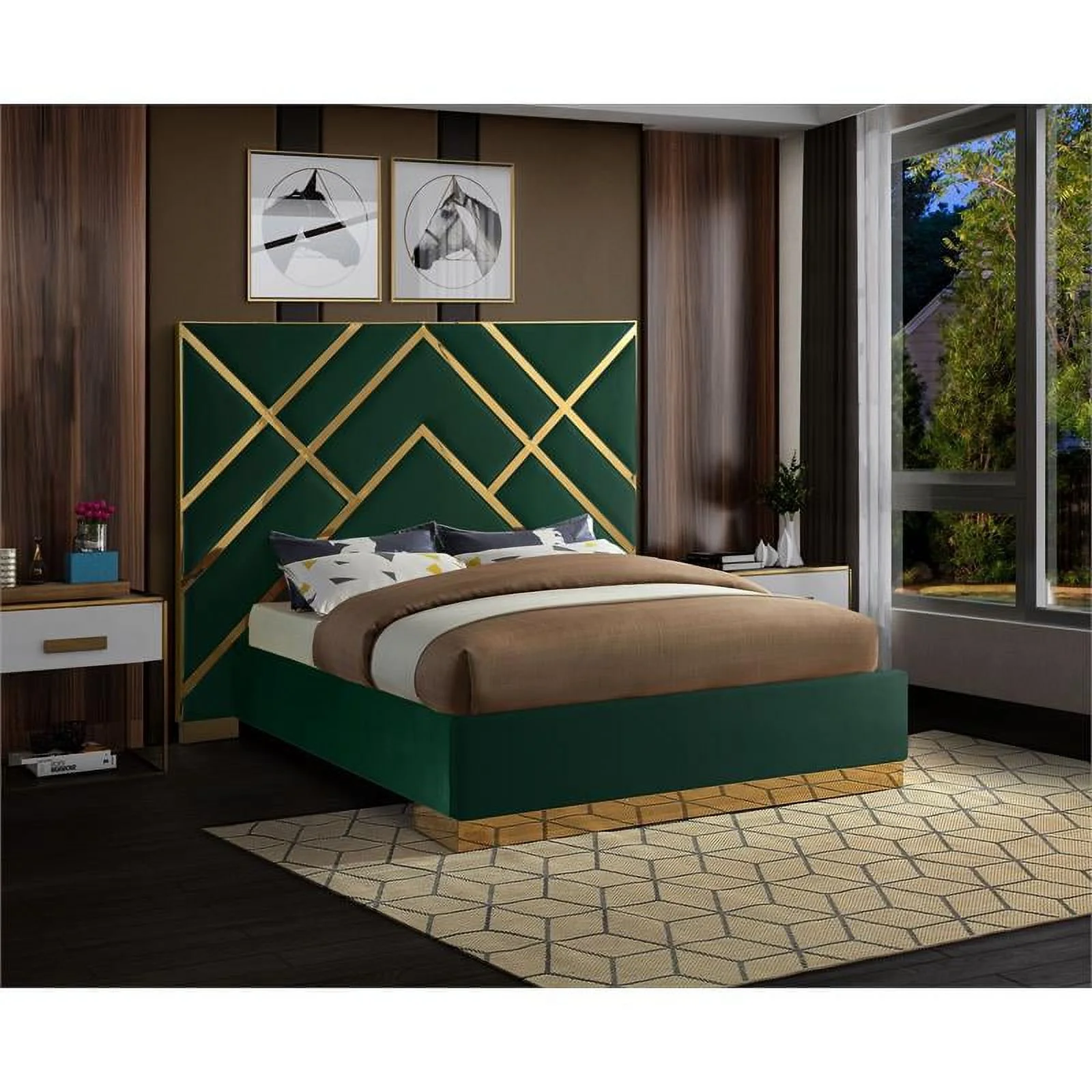 Maklaine Contemporary Rich Velvet King Bed in Green