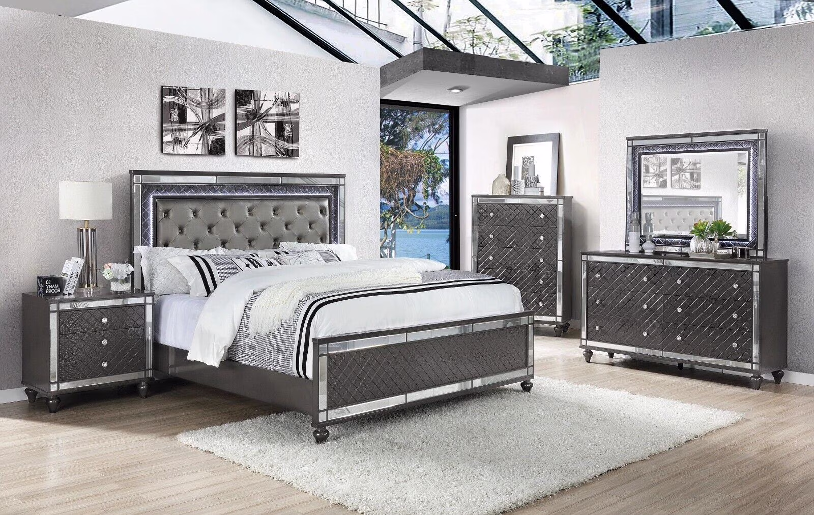 6pc Modern Glam Style LED HB Gray Charcoal Panel Finish Crocodile Texture Queen Size Panel Bed Set