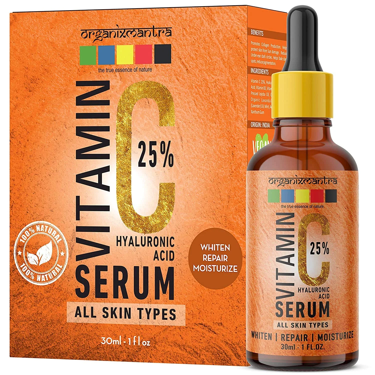 Zeeke Organix Mantra Vitamin C Serum 25% for Face with Hyaluronic Acid, Ferulic Acid, Vitamin E, B3, Jojoba Oil, Aloe Vera and Grapefruit Extract, 30ml