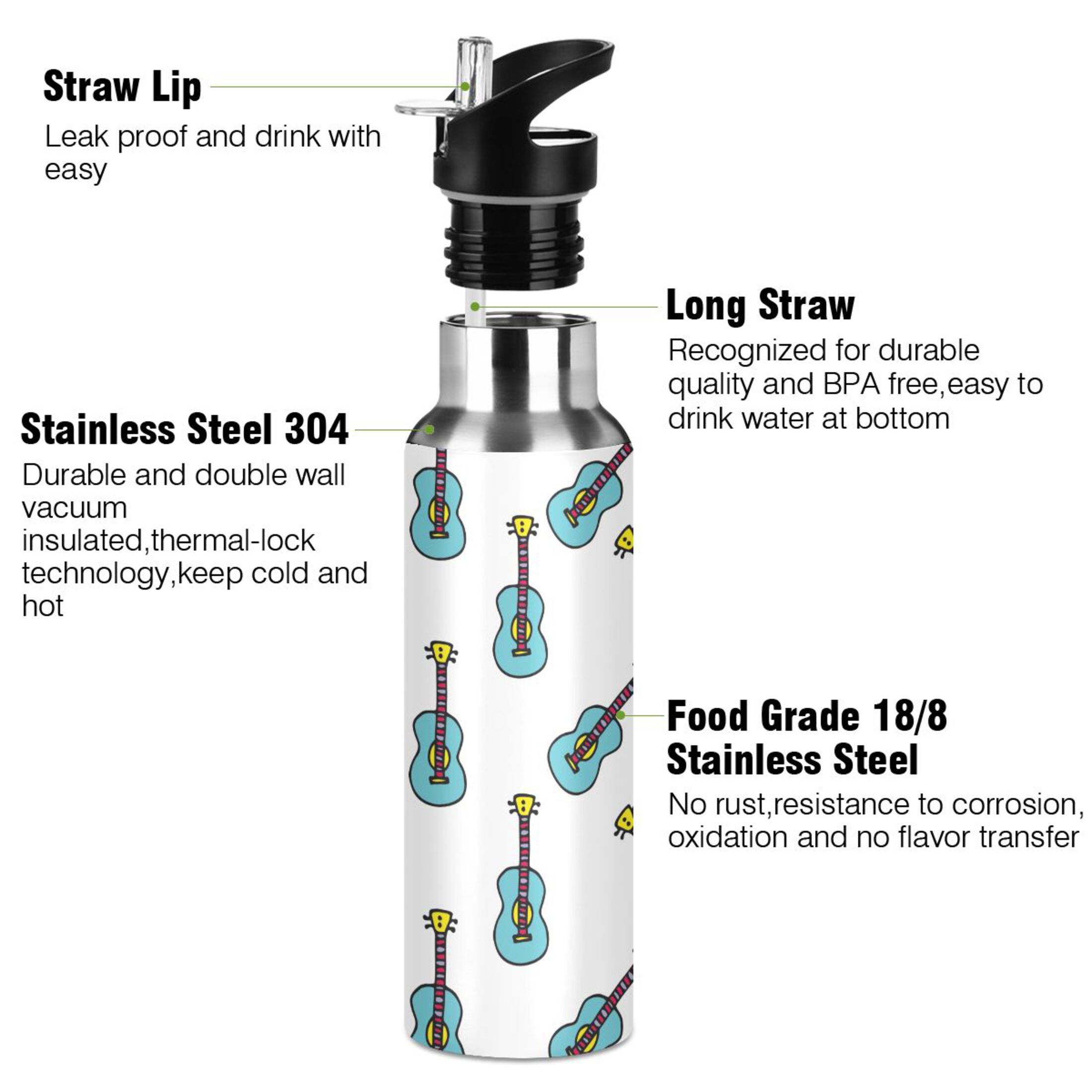 Cute Guitars Water Bottles Insulated Thermos Kids Stainless Steel Bottle with Straw Lid Flask Leakproof for Sports Gym 20 oz