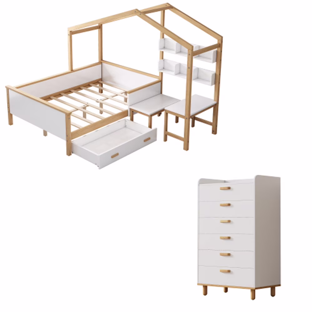 2 Pieces Bedroom Sets White Full Size Wooden House Bed with Desk and 6-Drawer Chest