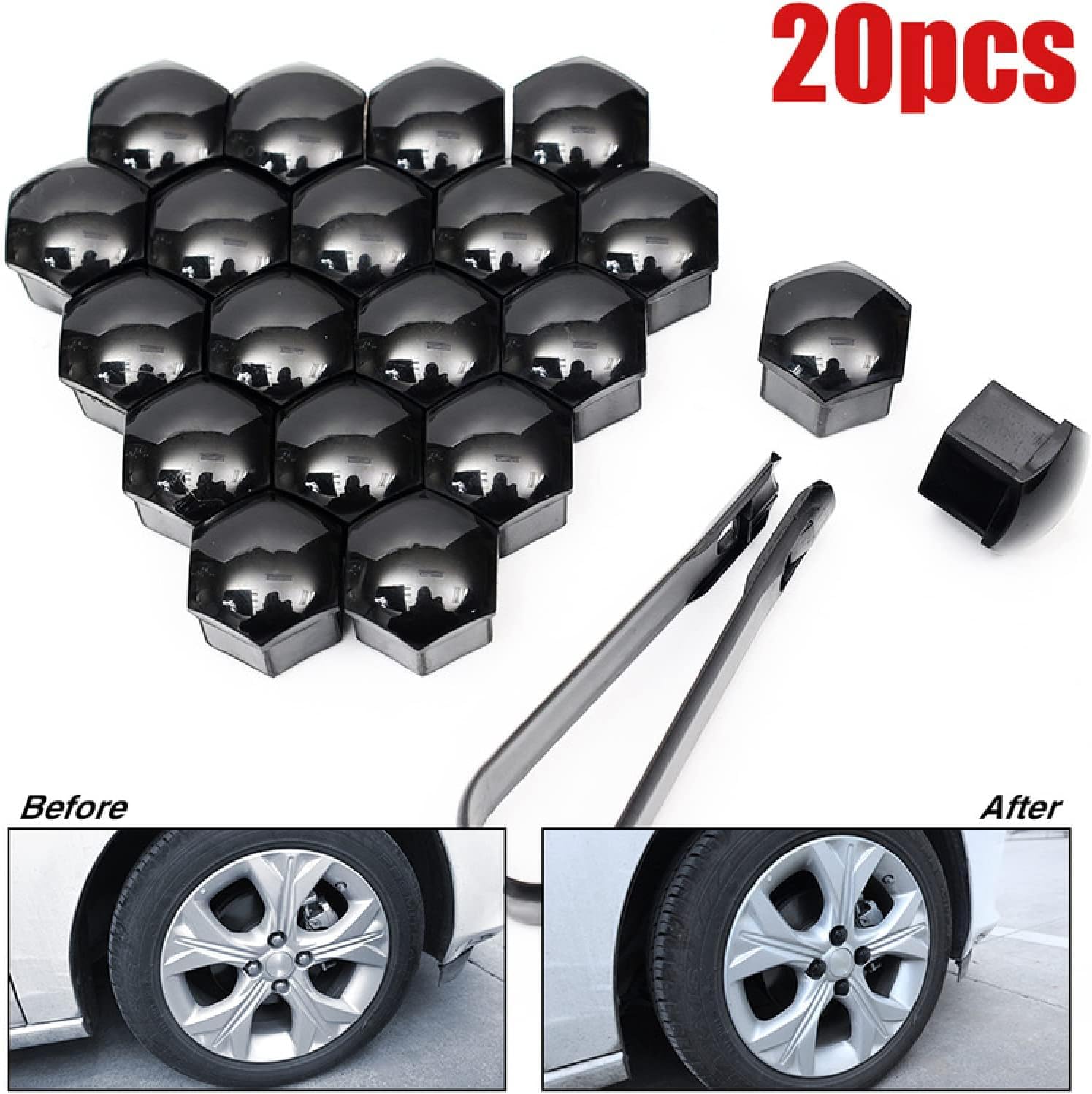 20x T39 Wheel Lug Bolt Nut Cap Center Cover Fit for Audi Skoda, Tool (Black)