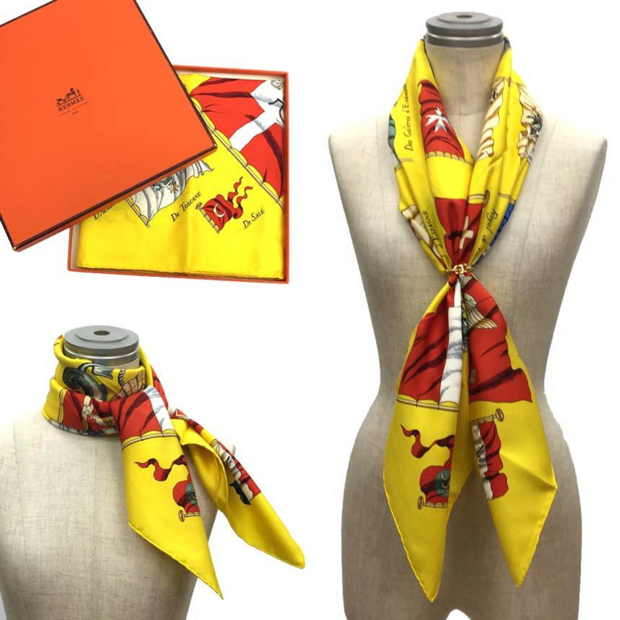 Pre-Owned HERMES Hermes Carre 90 Scarf Muffler PAVOIS Ship Flag Pattern 100% Silk Yellow aq5898 (Like New)