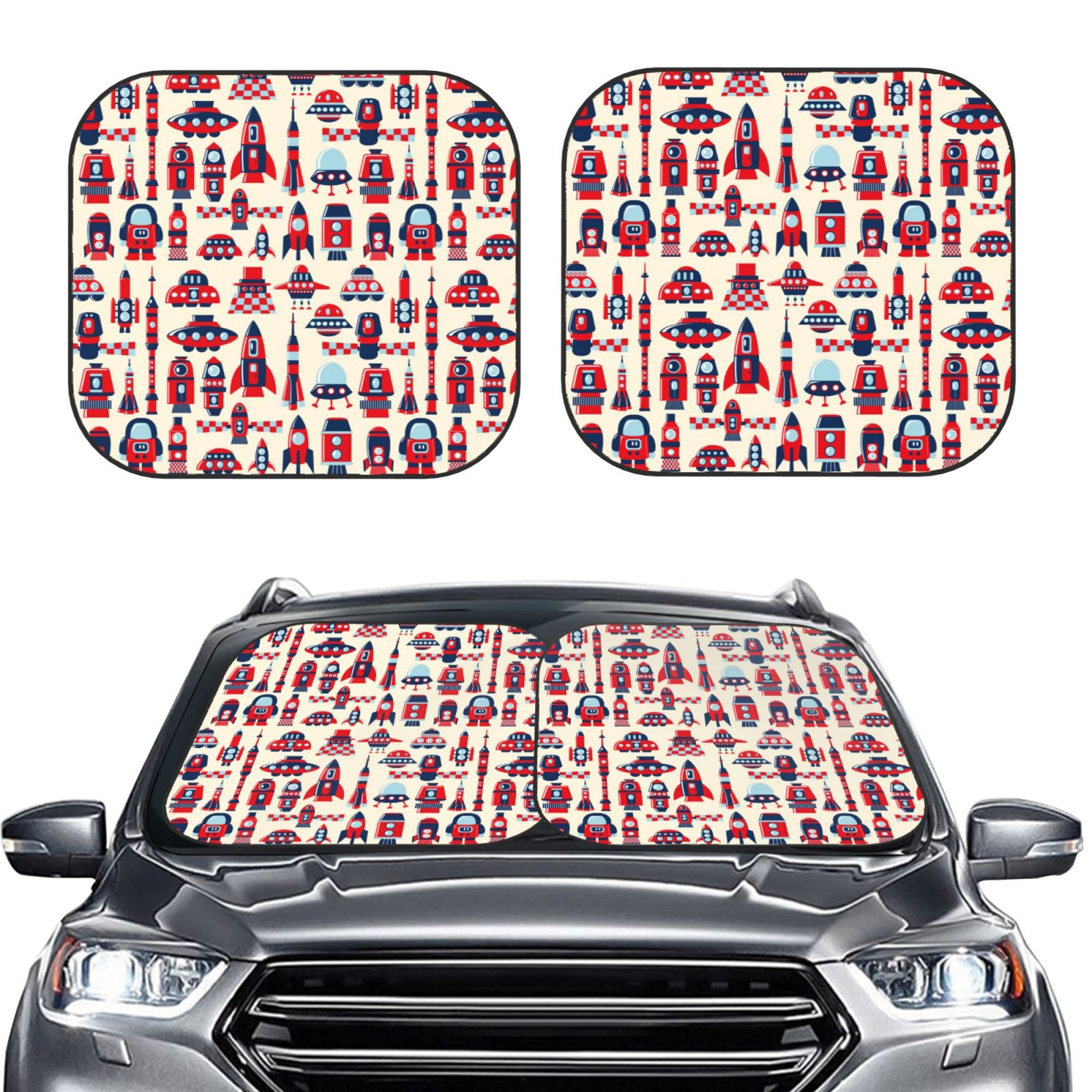 Lukts Rocket Pattern Print 2 Piece Car Sun Shade Windshield,Foldable Car Shade Front Windshield With Keeps Your Vehicle Cool, For Most Sedans Suv And Trucks - Small
