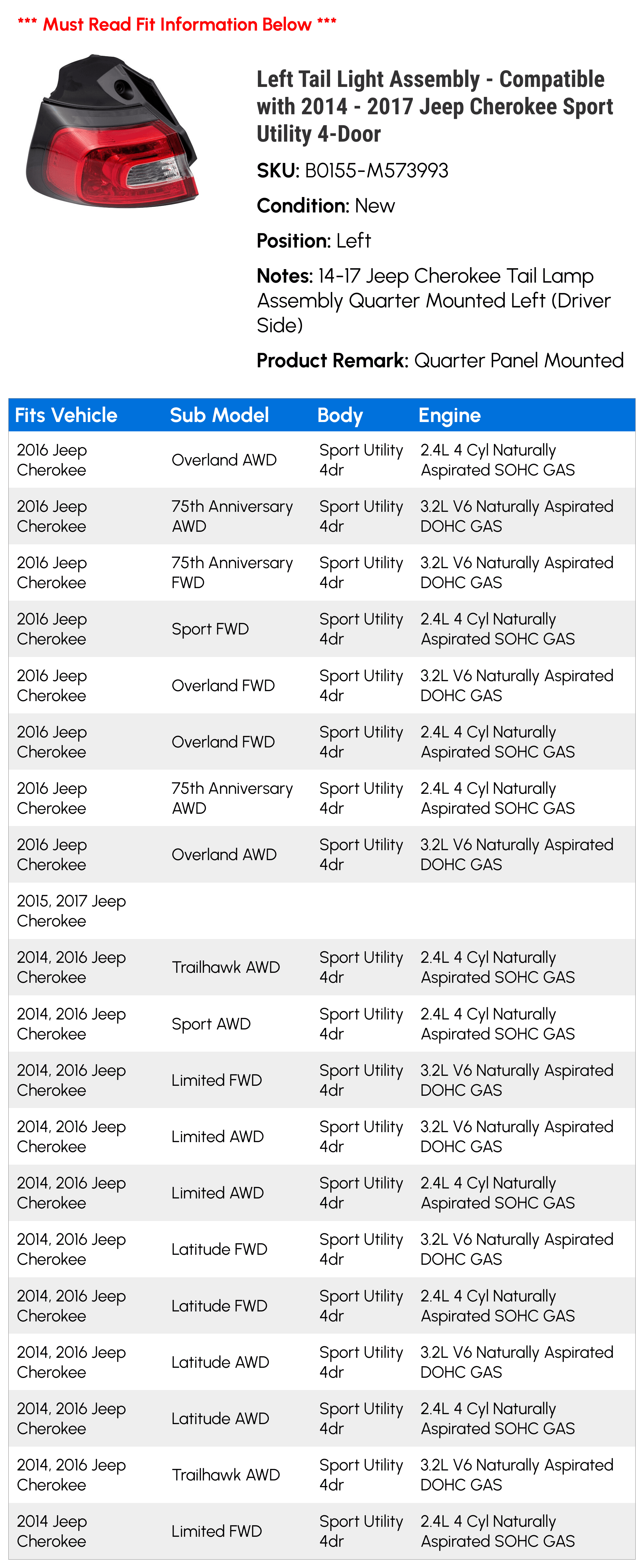 Left Tail Light Assembly - Compatible with 2014 - 2017 Jeep Cherokee Sport Utility 4-Door 2015 2016