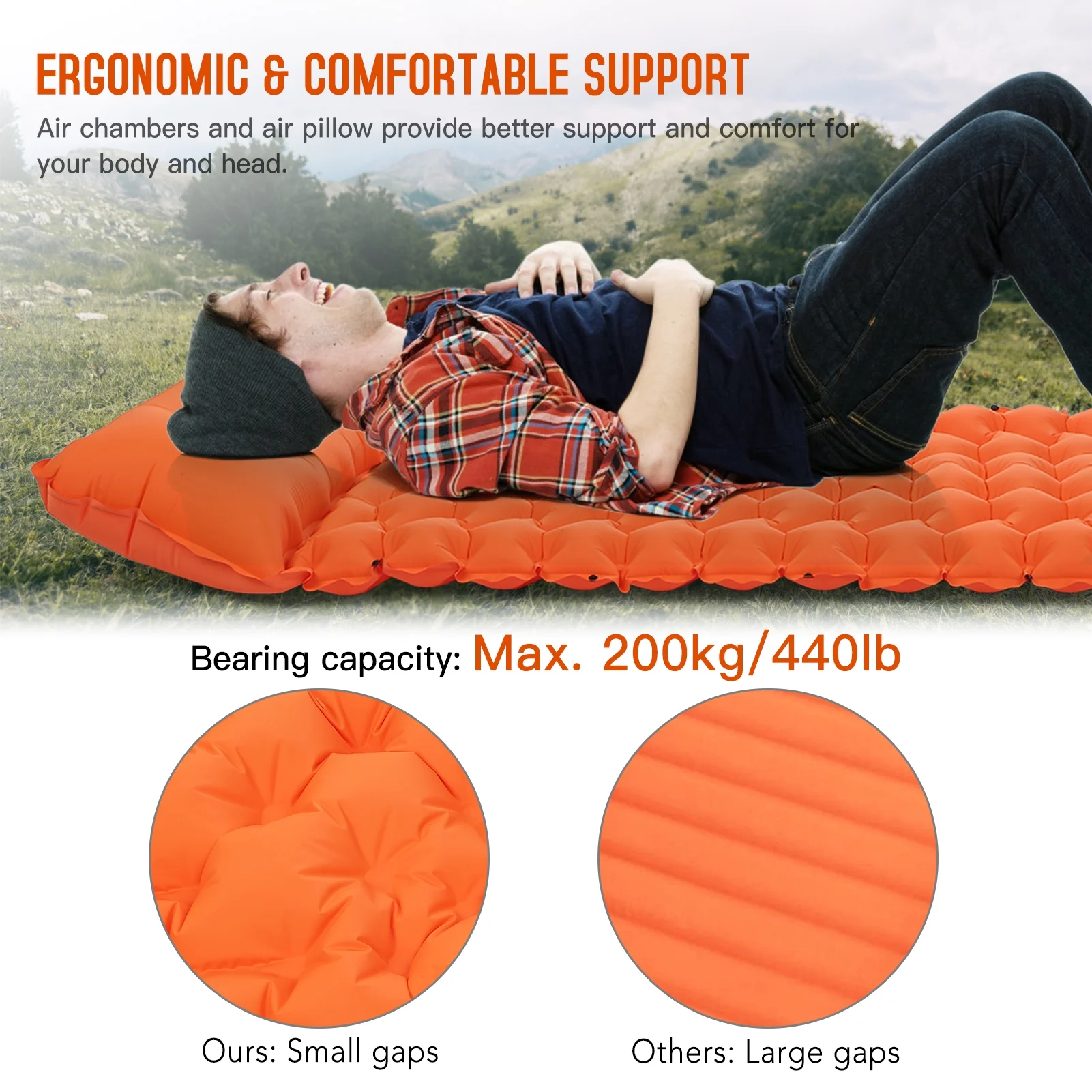 Andoer Camping Sleeping Pad with Pillow Built-in Pump Ultralight Inflatable Sleeping Mat Waterproof Camping Air Mattress for Backpacking Hiking Tent Traveling
