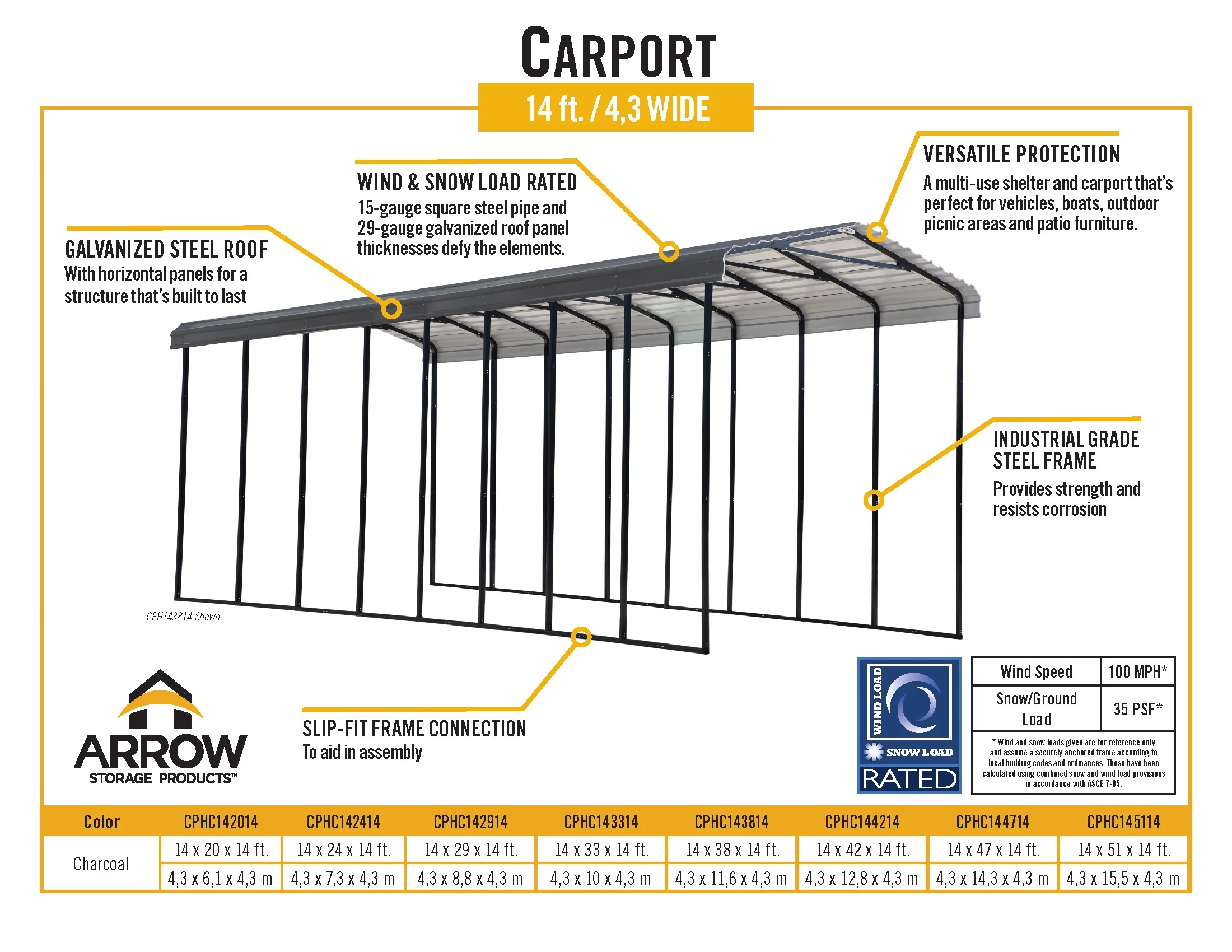 Arrow CPHC143814 14 x 38 x 14 ft. RV Protected Carport, Charcoal
