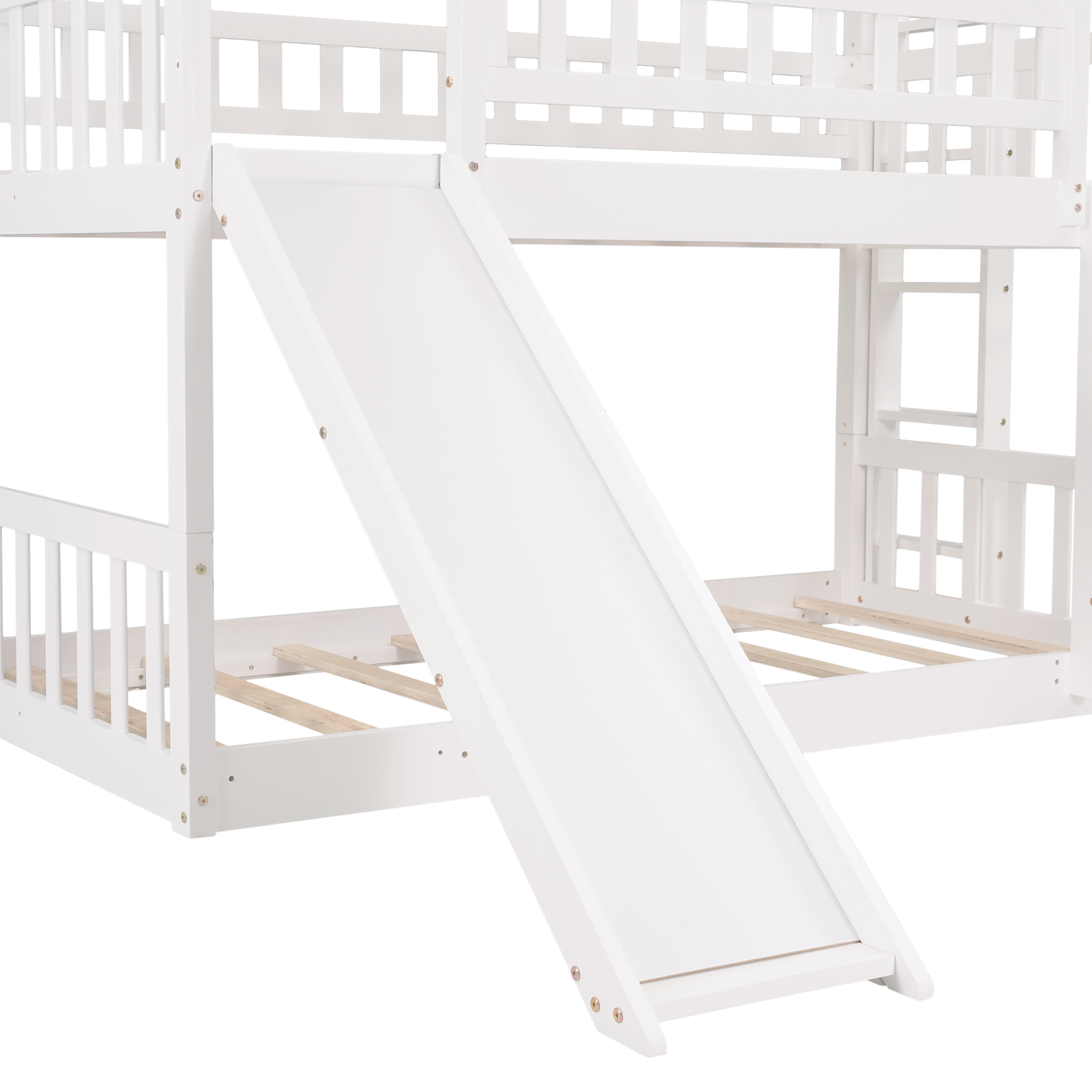 White Twin-Over-Twin-Over-Twin Triple Bunk Bed with Built-in Ladder and Slide，Guardrails