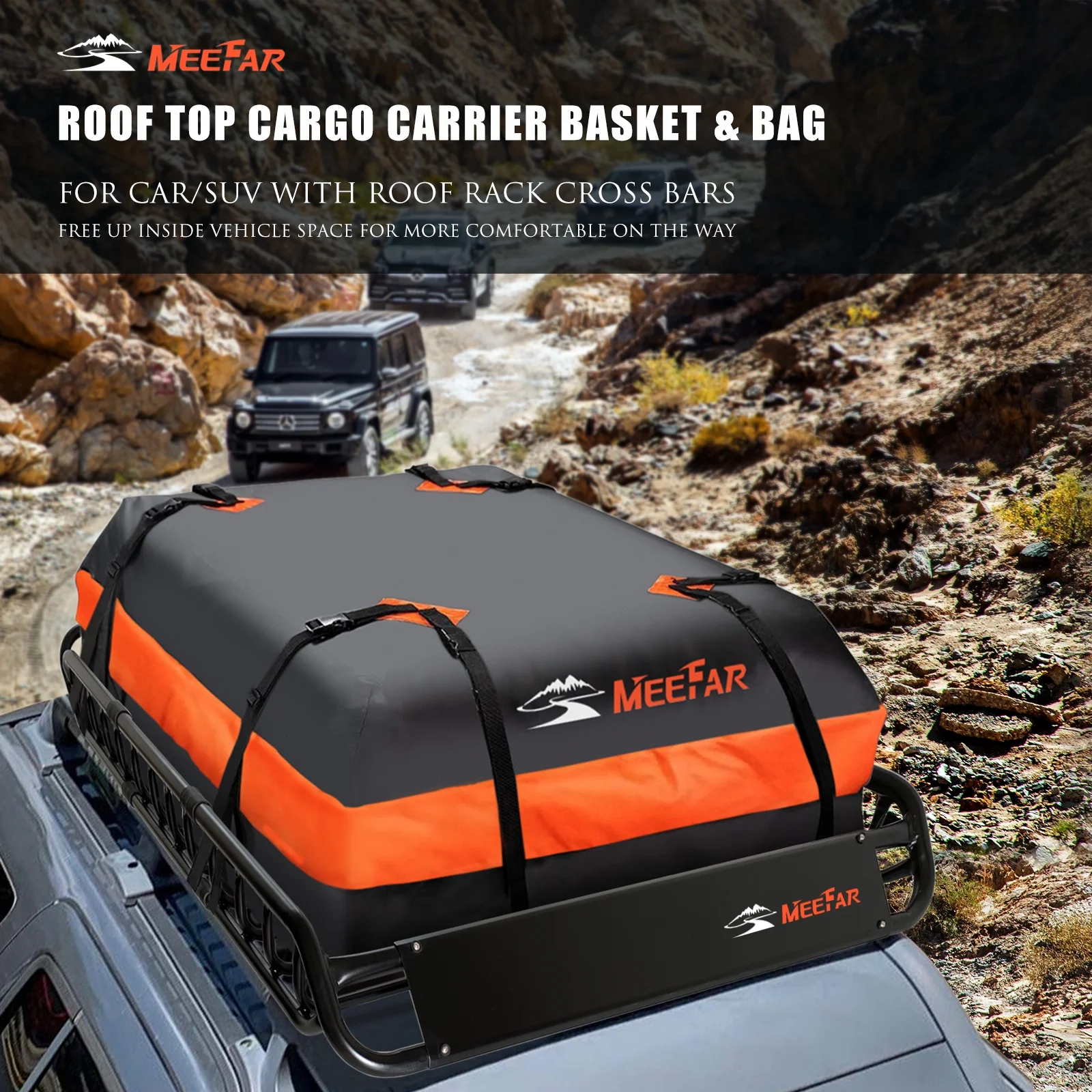 MeeFar Roof Top Rack Cargo Carrier Basket & 15 cu.ft. Waterproof Bag Fit Cross Bars