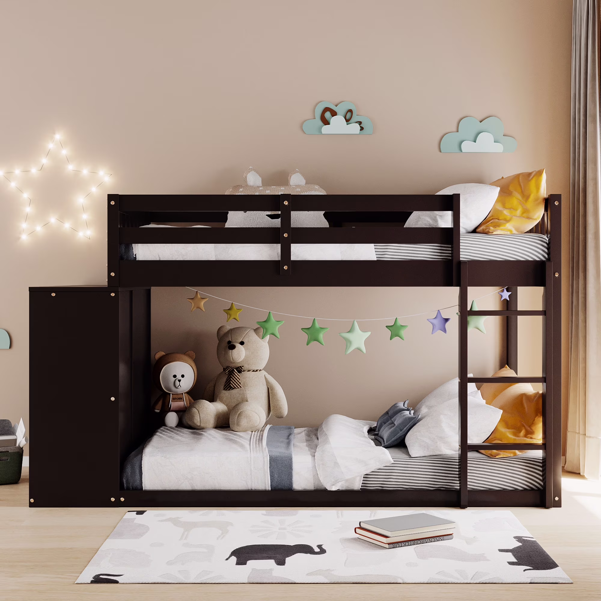 Wood Twin Over Twin Size Bunk Beds Frame with Full-Length Guardrail, Space-Saving, No Box Spring Needed with 4 Drawers and 3 Shelves