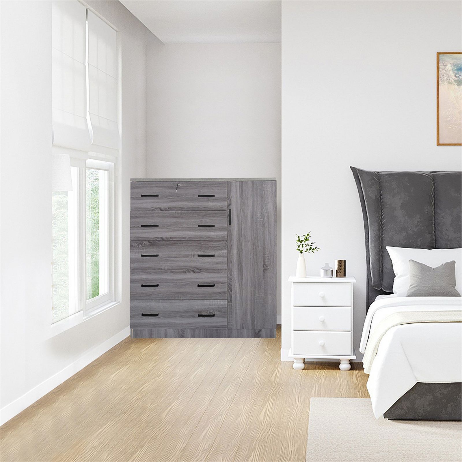 Pemberly Row 5 Drawer Wooden Tall Chest Wardrobe in Gray Finish