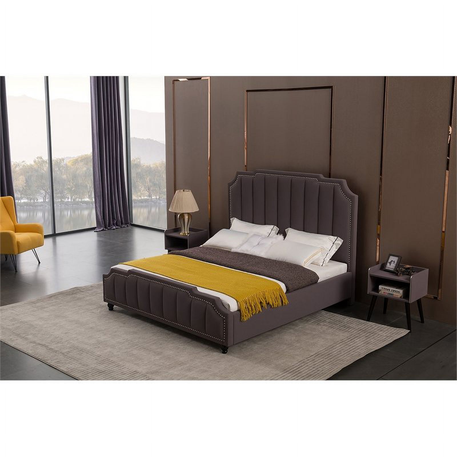 American Eagle Fabric Tufted King Platform Bed with Nailhead Trim in Gray