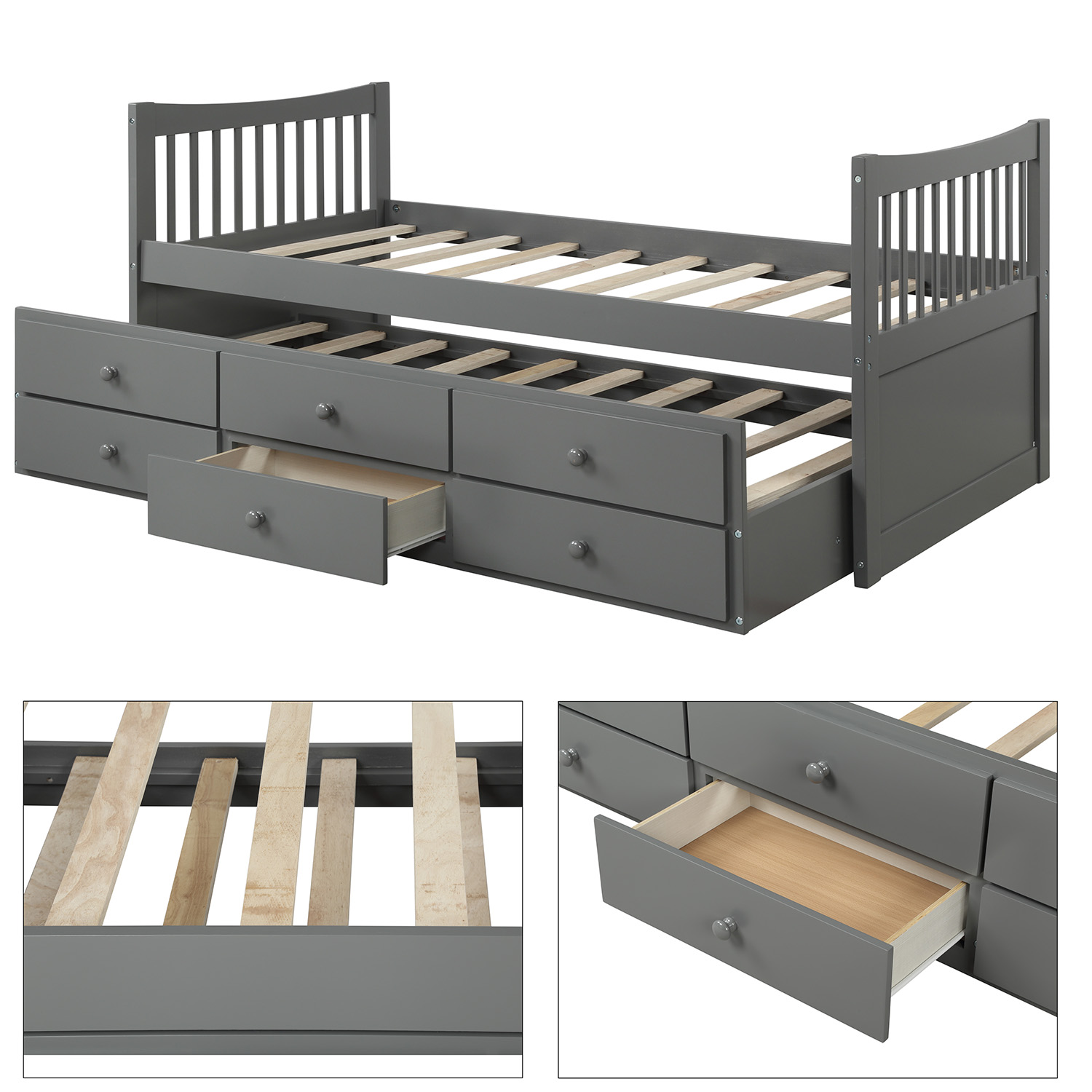 Wood Bed Captain's Bed Storage Twin Daybed with Trundle Bed and Storage Drawers Platform Bed Kids Bed