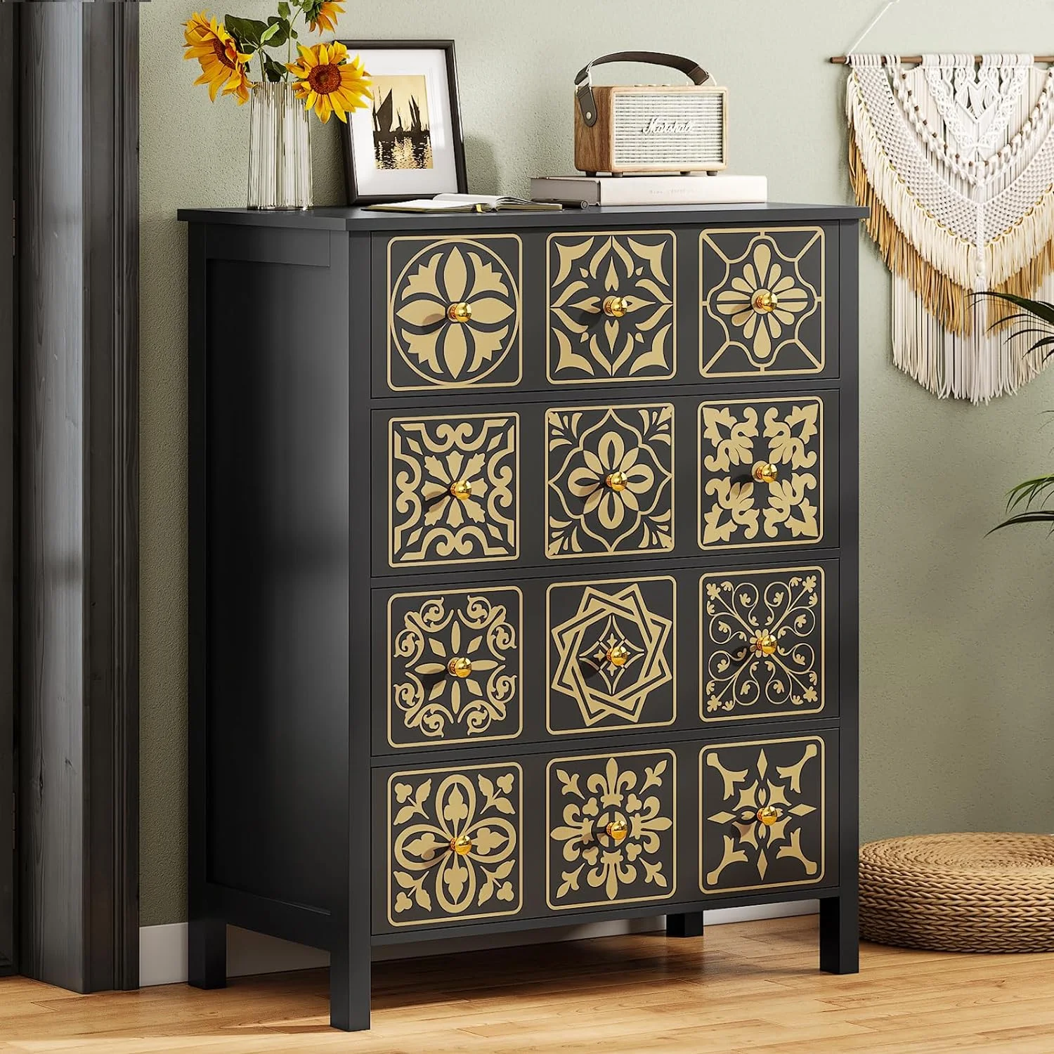 AOGLLATI Dresser for Bedroom with 4 Drawers,Chests of Drawers with Charging Station, Boho Wooden Dresser with Storage,Black