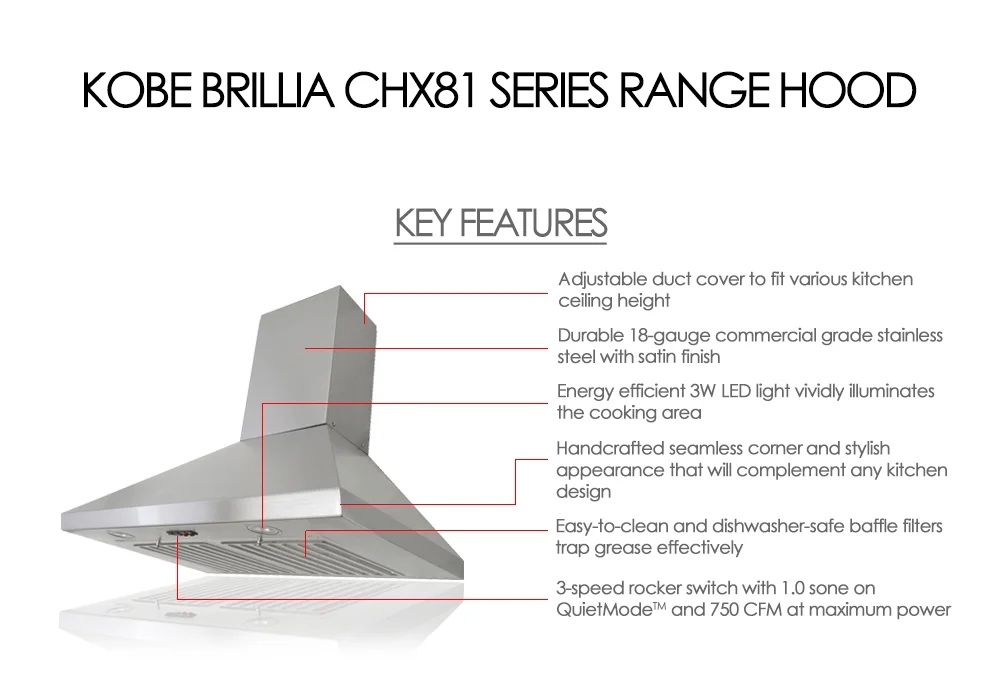 KOBE CHX8136SQB-1 Brillia 36-inch Wall Mount Range Hood, 3-Speed, 750 CFM, Fits Ceiling Height 7.5'-8.5'