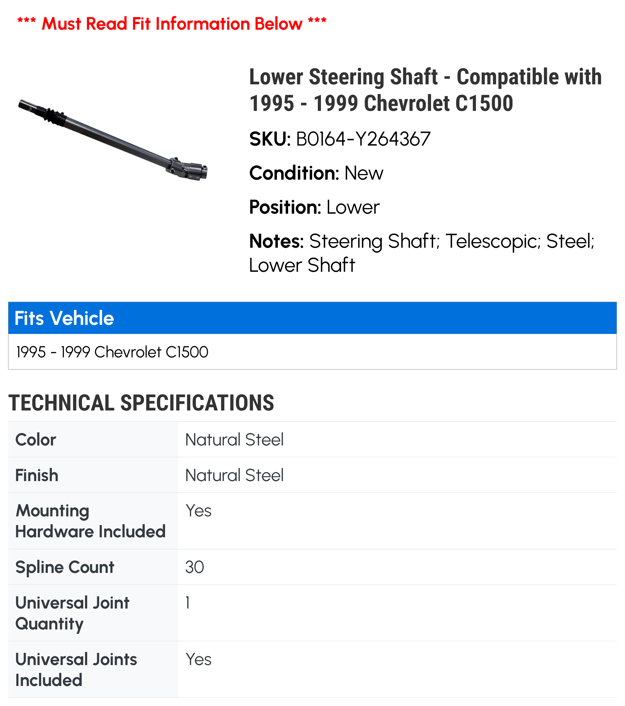 Lower Steering Shaft - Compatible with 1995 - 1999 Chevy C1500 1996 1997 1998